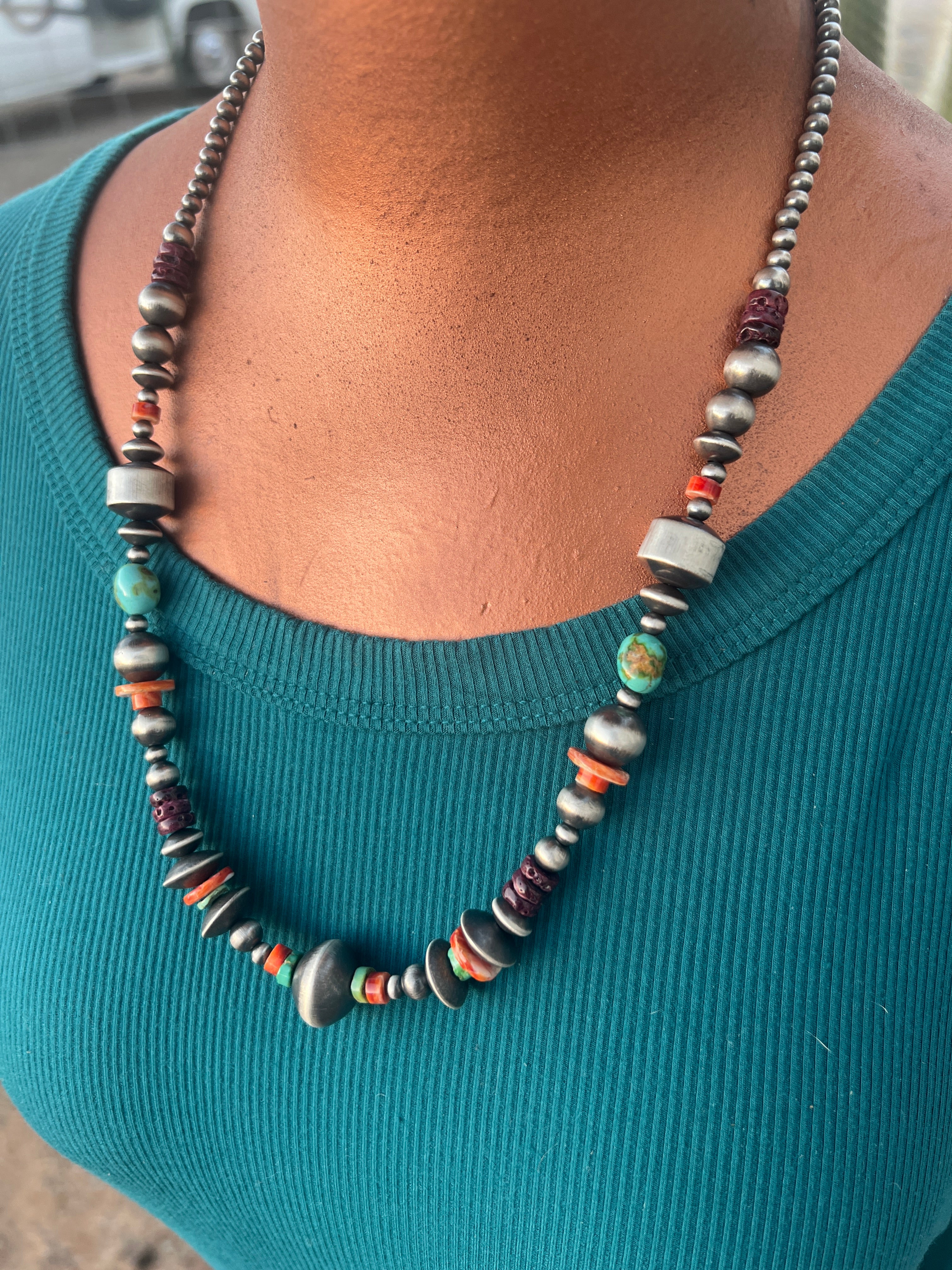 Rose Martin Electric Rainbow Sterling Silver, Turquoise and Spiny Oyster Single Strand Beaded Necklace, 22 inches