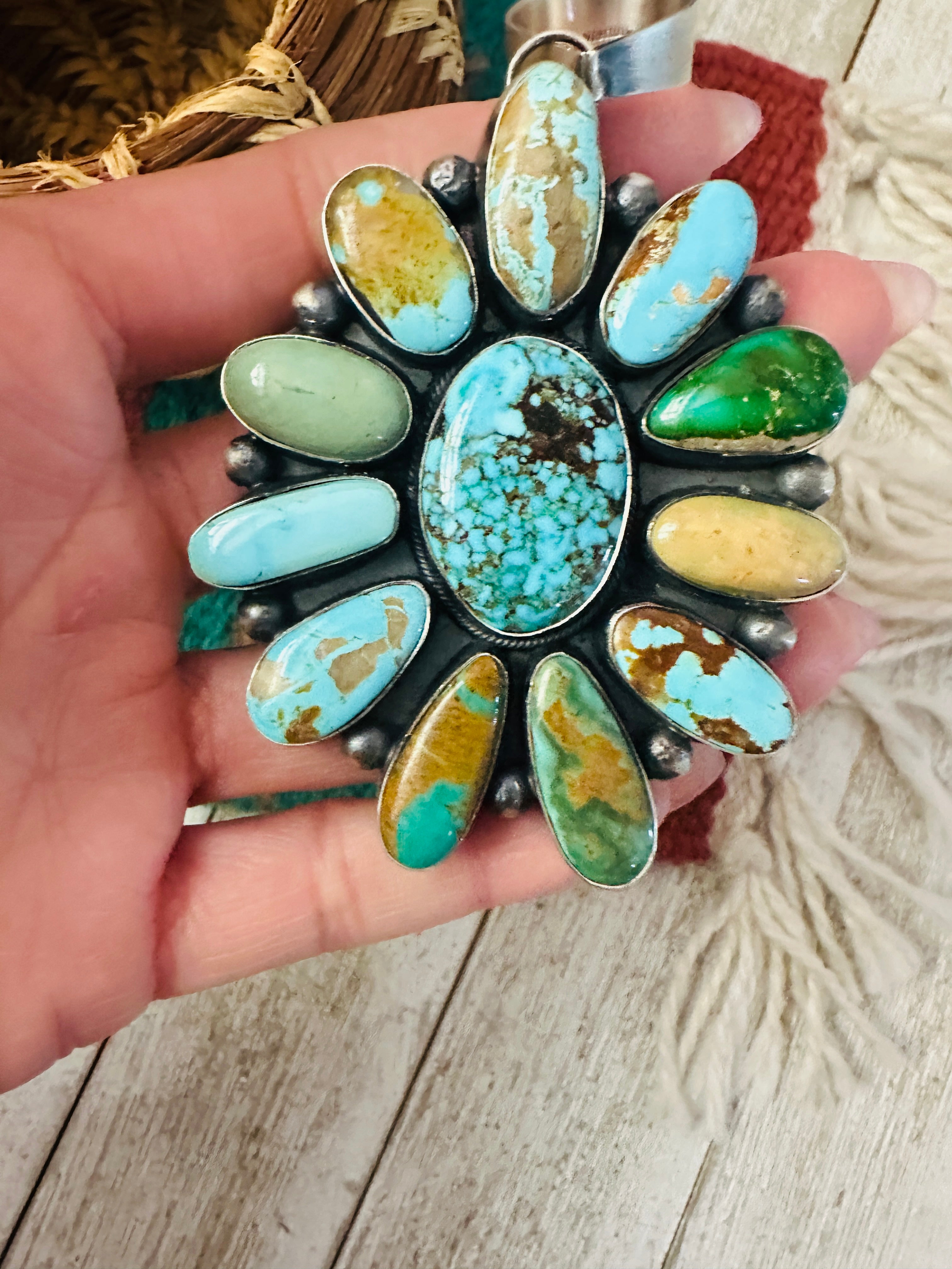 Handcrafted Sterling Silver & Multi Turquoise Cluster Pendant by Amos Jake