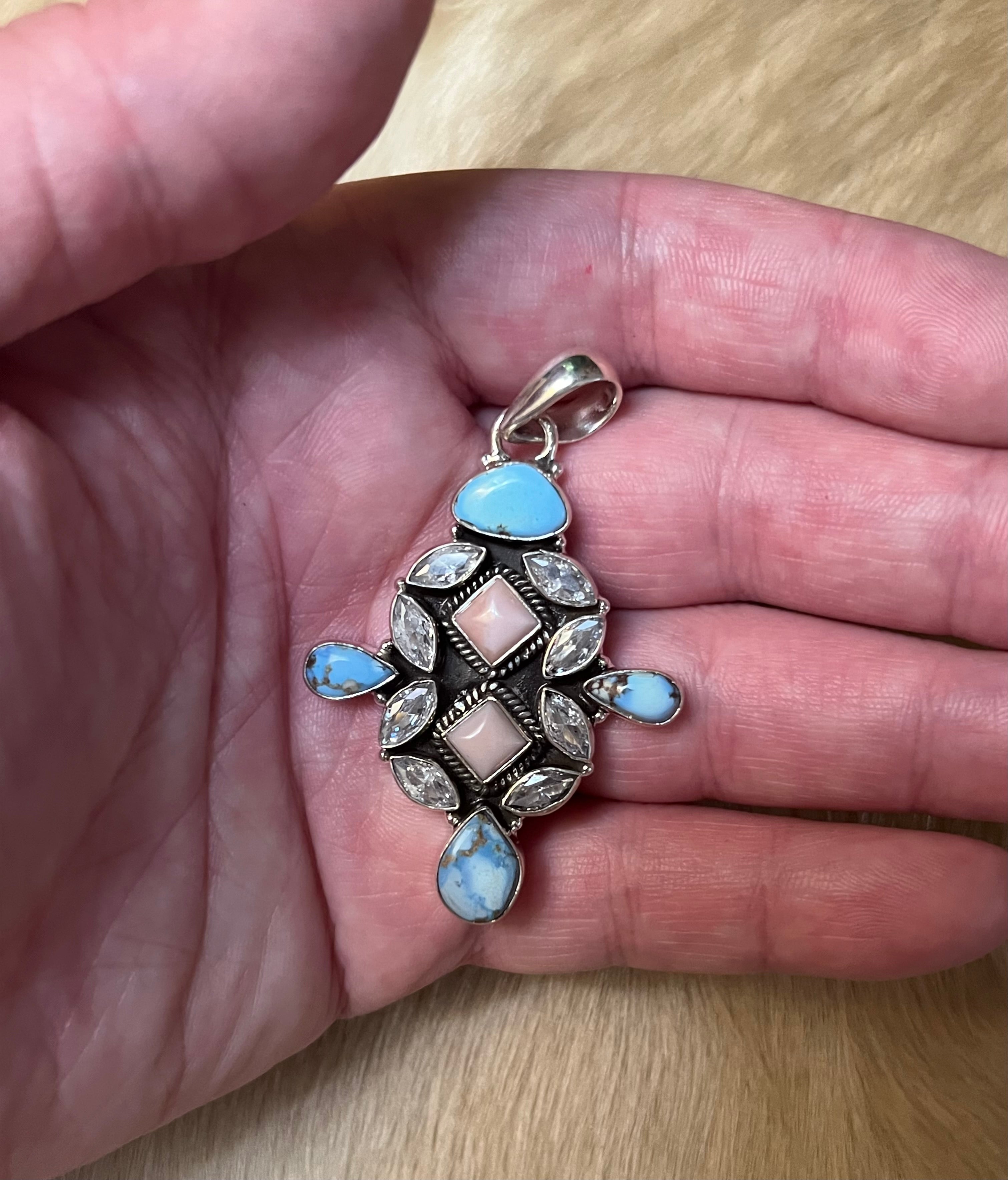 Handmade Golden Hills Turquoise & Pink Conch CZ Sterling Silver Pendant