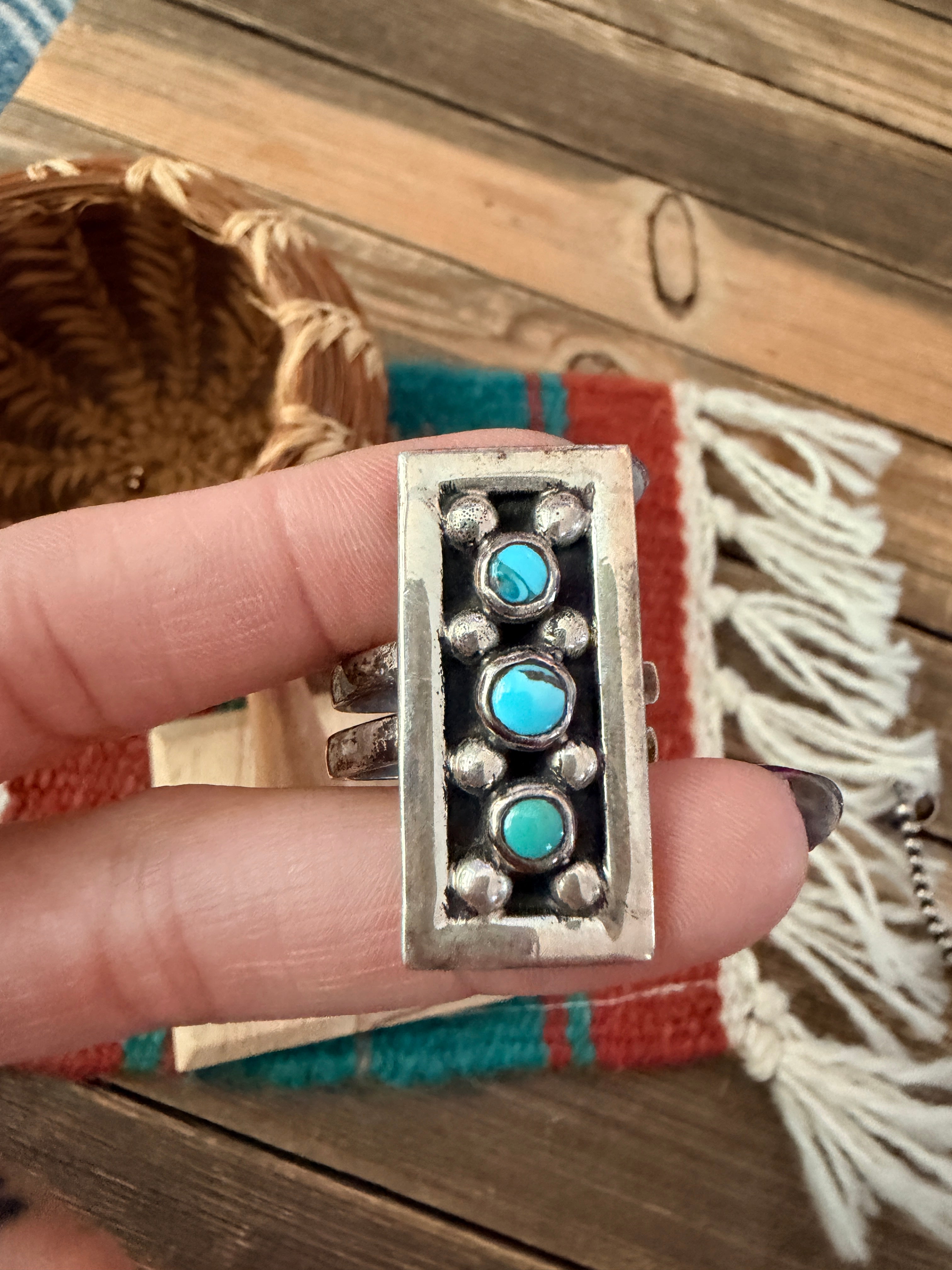 Old Pawn Handcrafted Turquoise & Sterling Silver Adjustable Ring