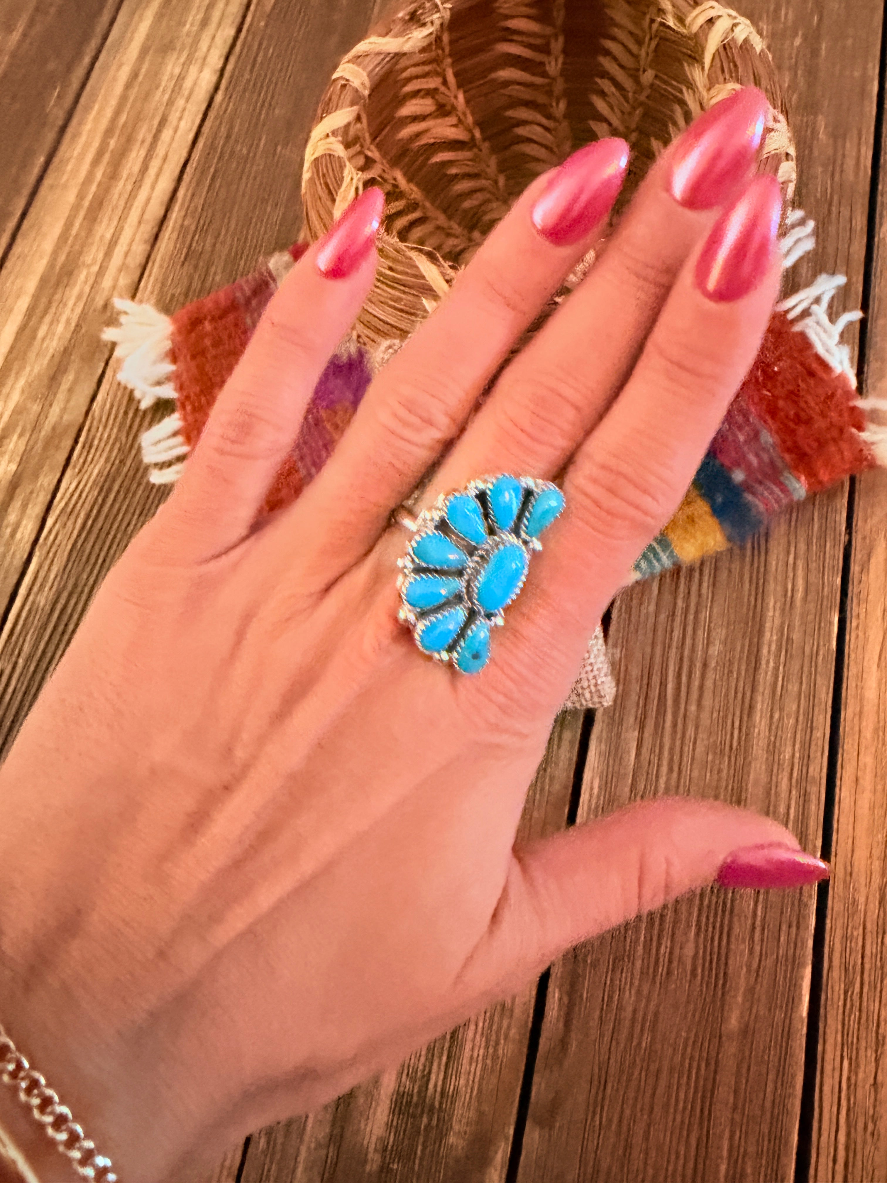 Handcrafted Turquoise & Sterling Silver Adjustable Cluster Ring