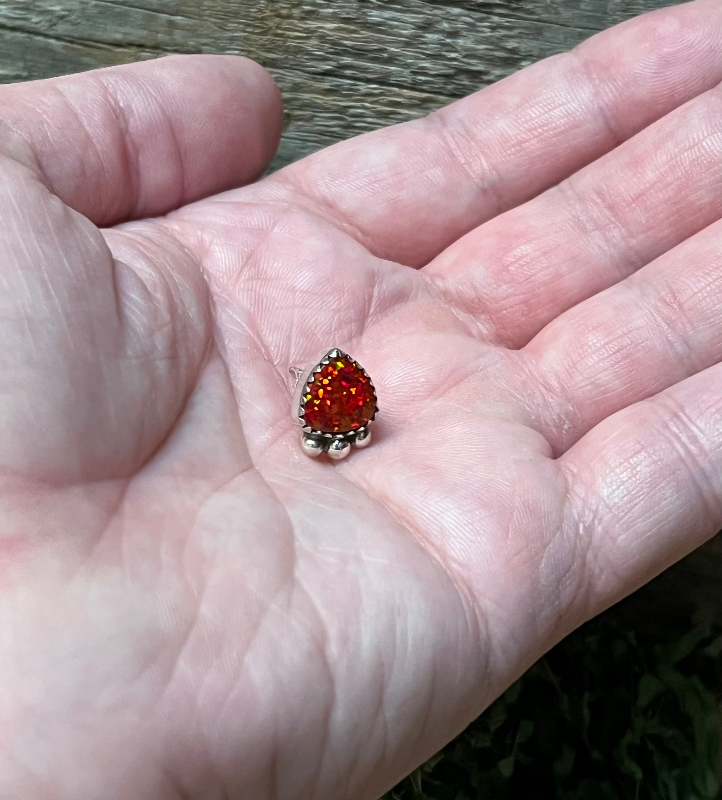 Handmade Fire Red Opal & Sterling Silver Stud Earrings