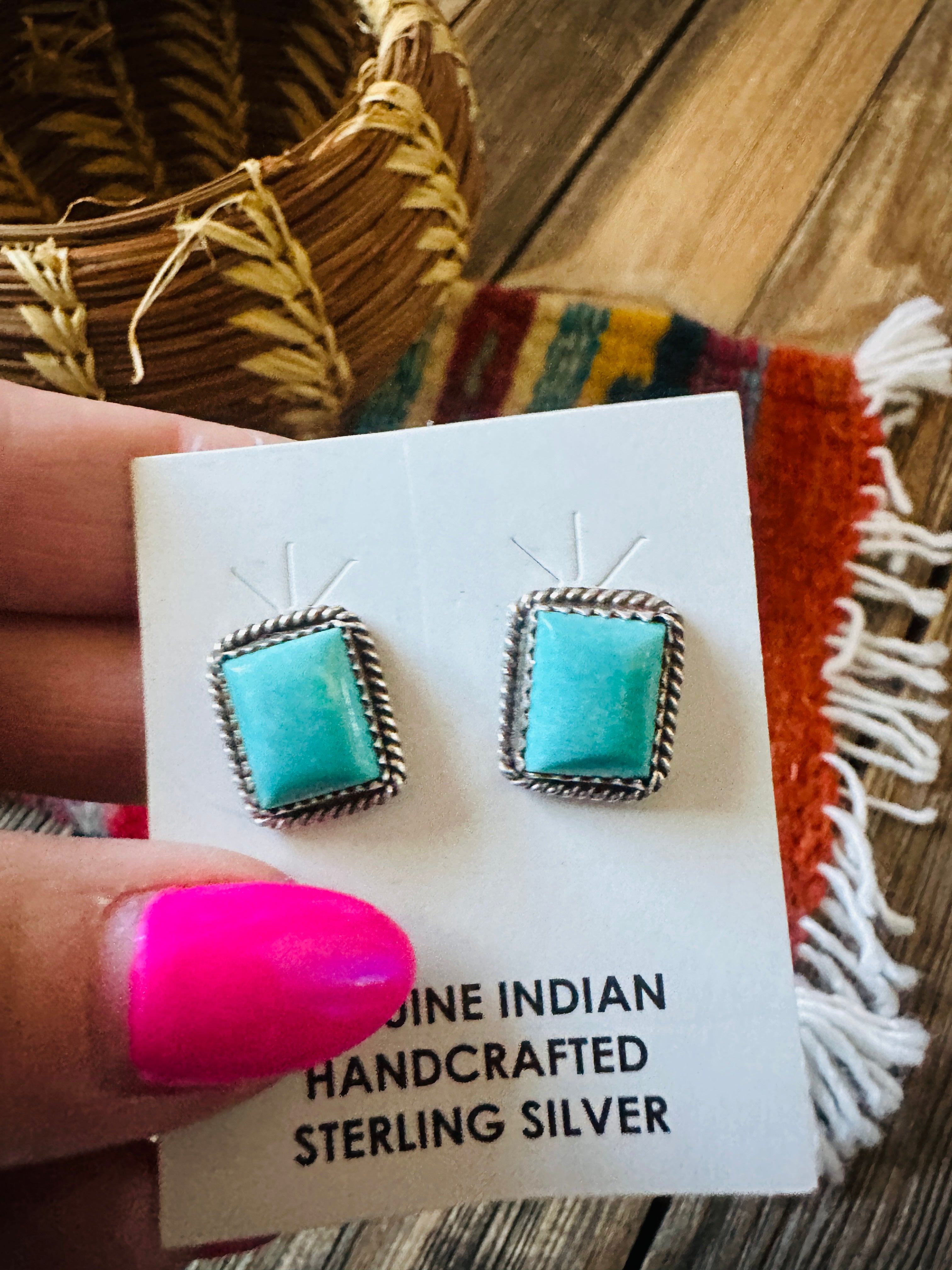 Handcrafted Turquoise & Sterling Silver Rectangle Stud Earrings
