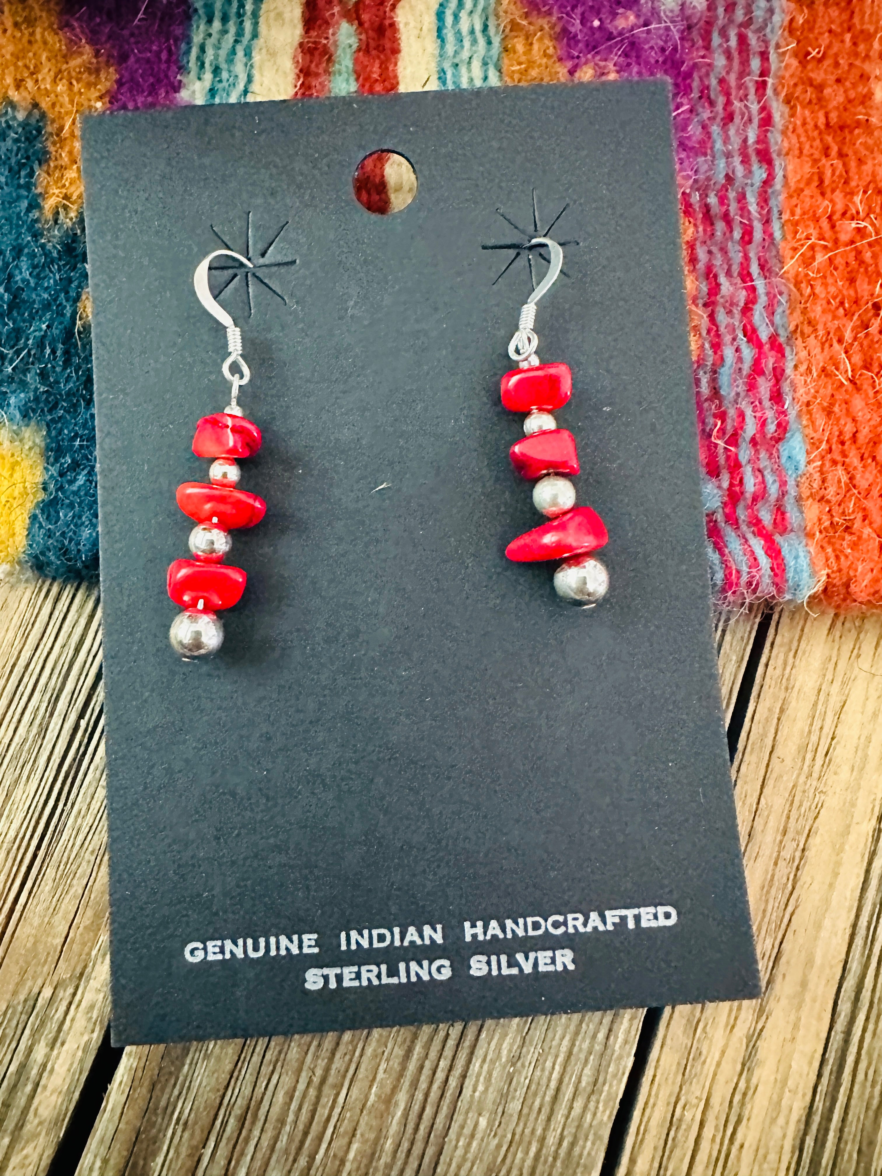 Handcrafted Apple Coral & Sterling Silver Beaded Dangle Earrings
