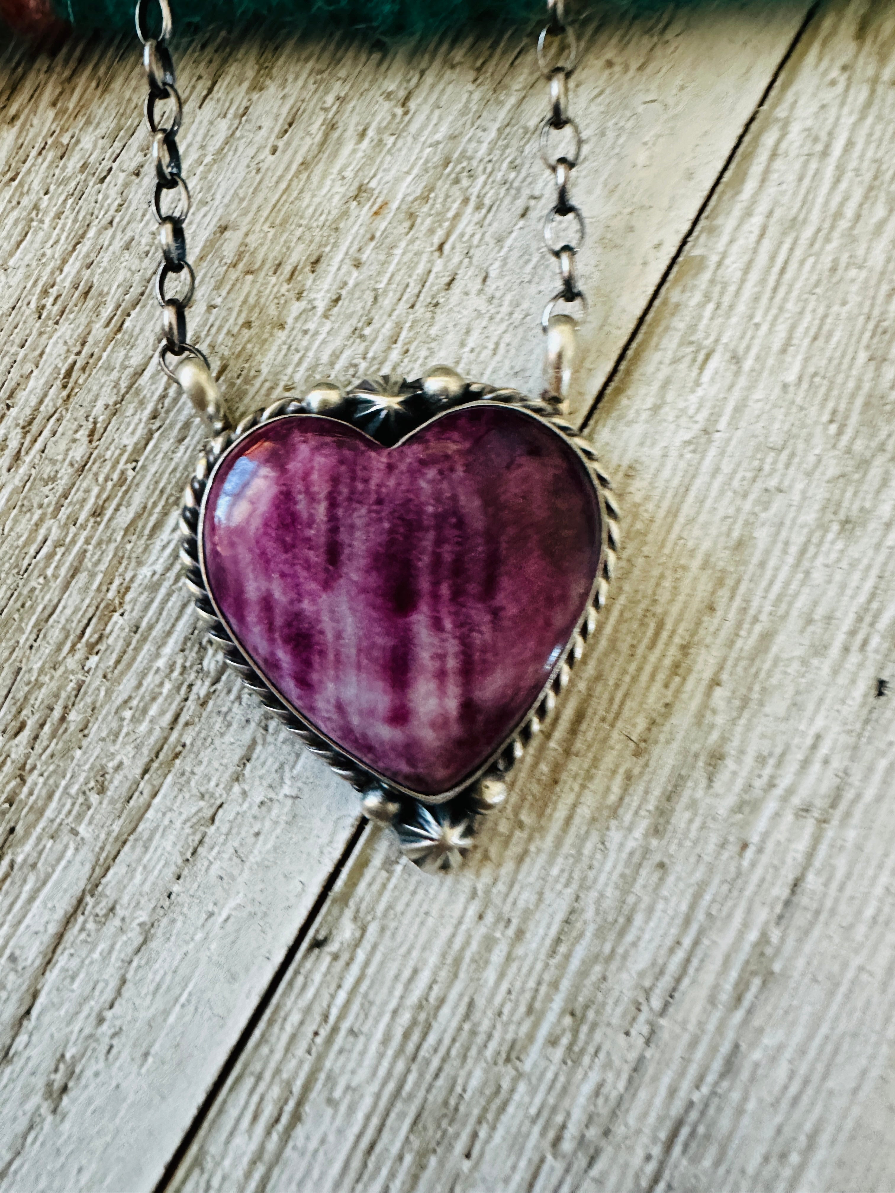 Handcrafted Sterling Silver & Purple Spiny Heart Necklace