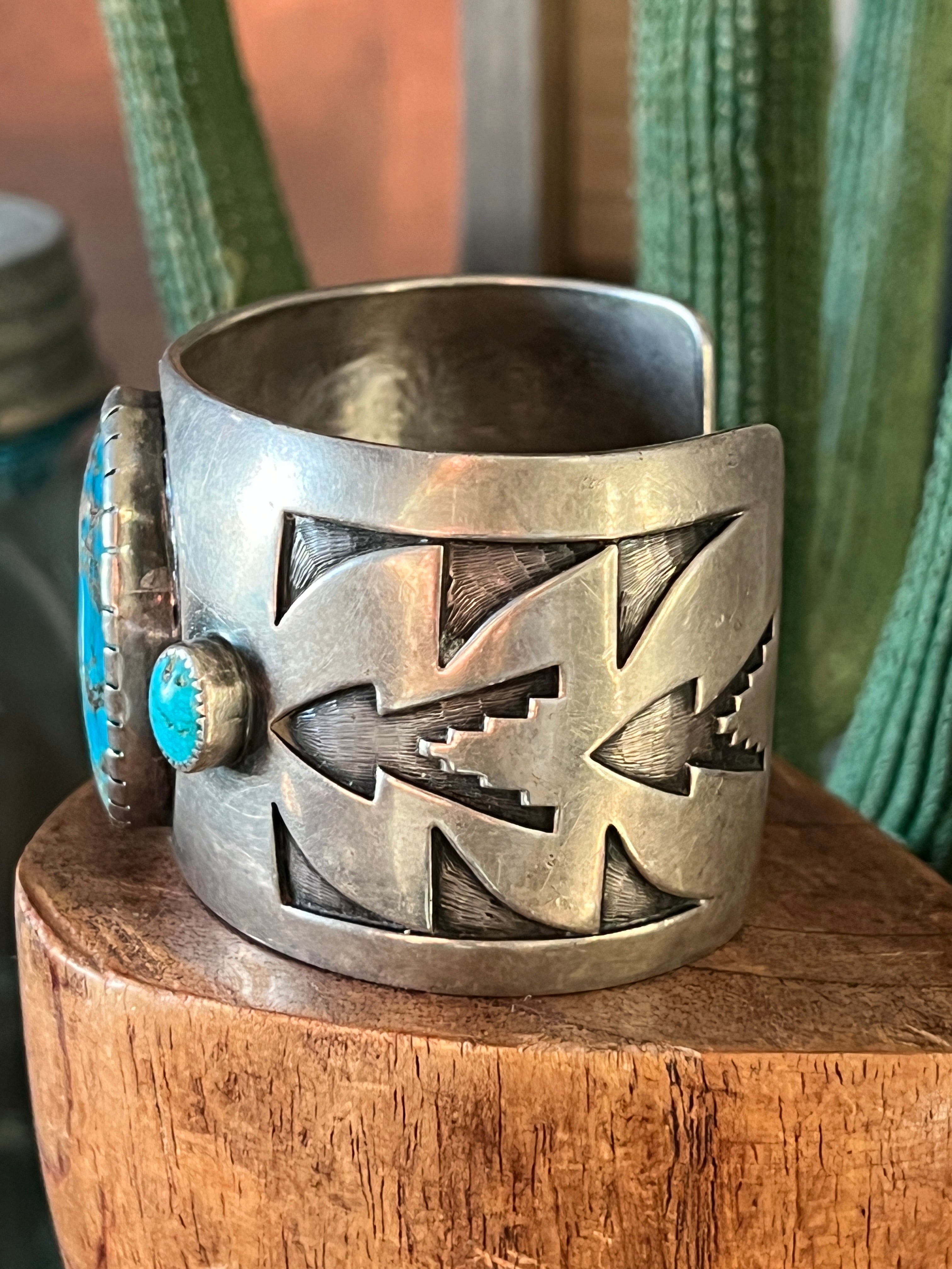 Vintage Old Pawn Sterling Silver and Morenci Turquoise Overlay Cuff Bracelet, Unsigned