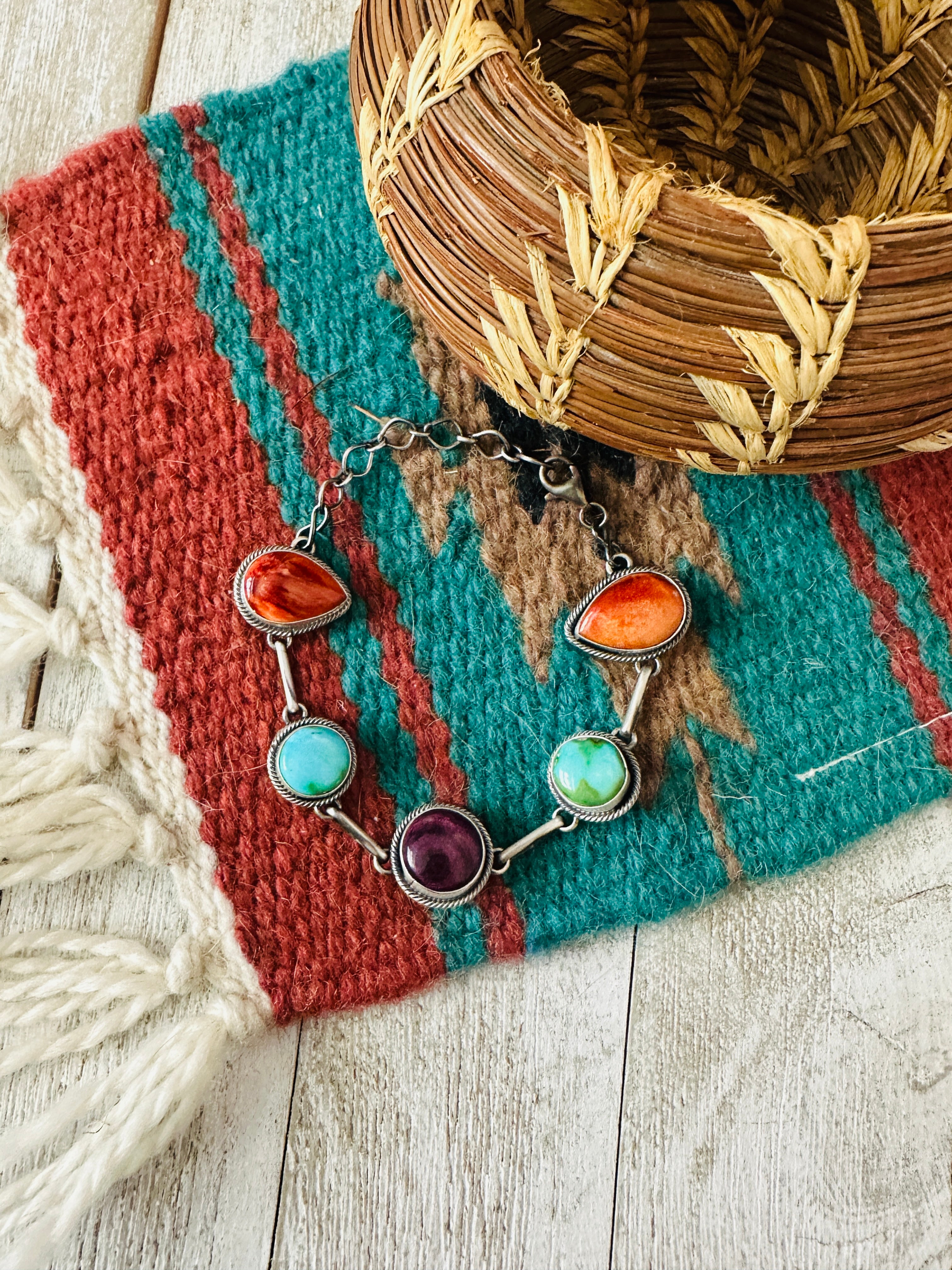 Handcrafted Multi Stone & Sterling Silver Link Bracelet