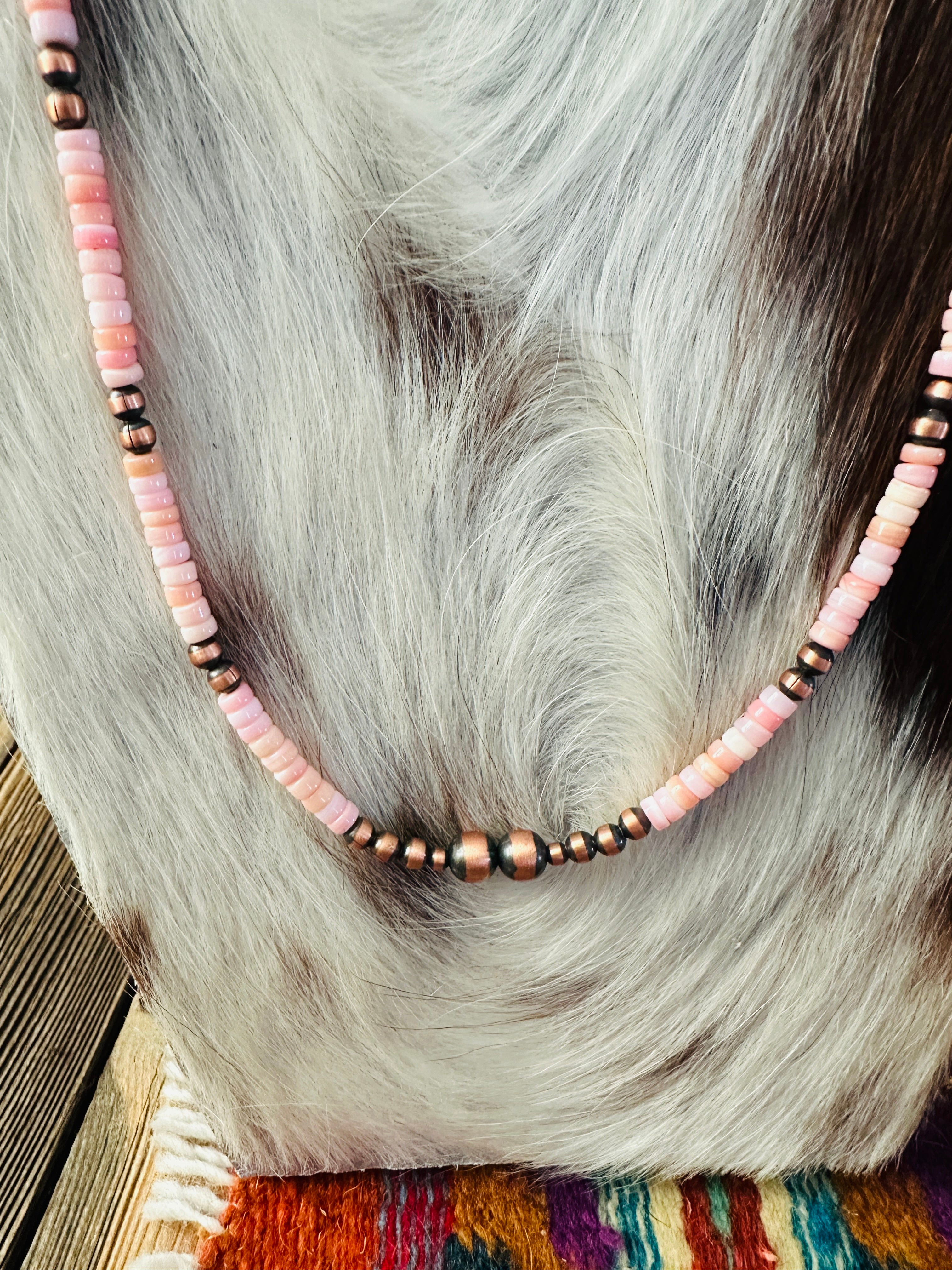 Handcrafted Queen Pink Conch & Copper 24” Beaded Necklace
