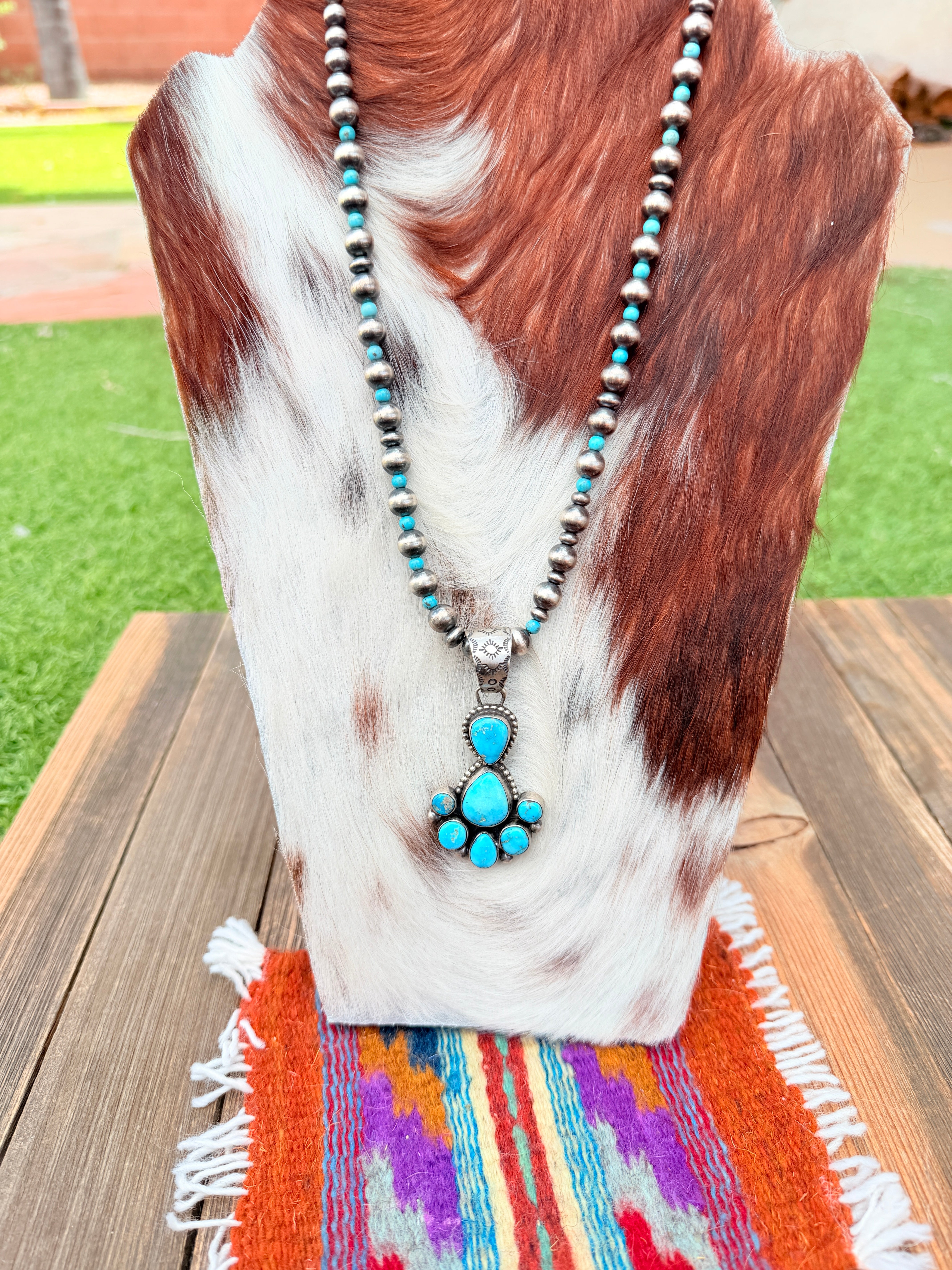 Handcrafted Turquoise & Sterling Silver Cluster Beaded Necklace by Bobby Johnson