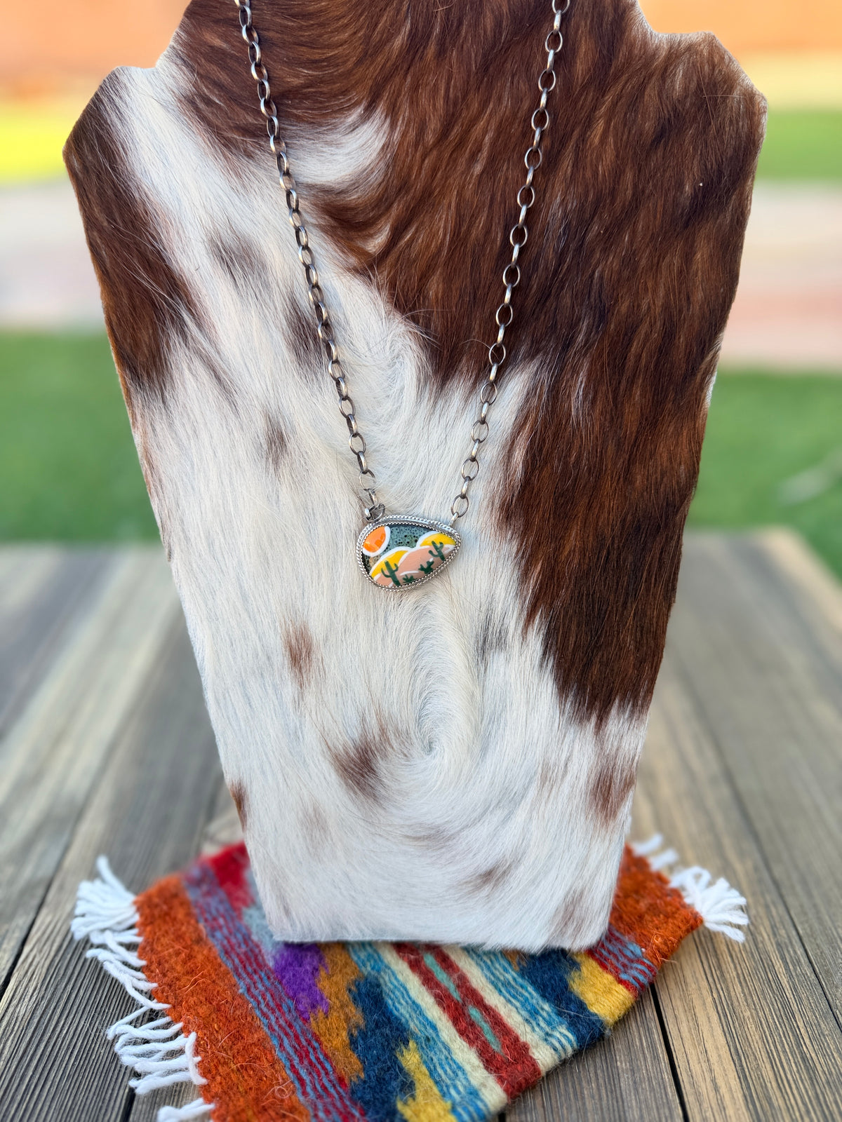 Handmade Sterling Silver & Jasper Painted Cactus Necklace