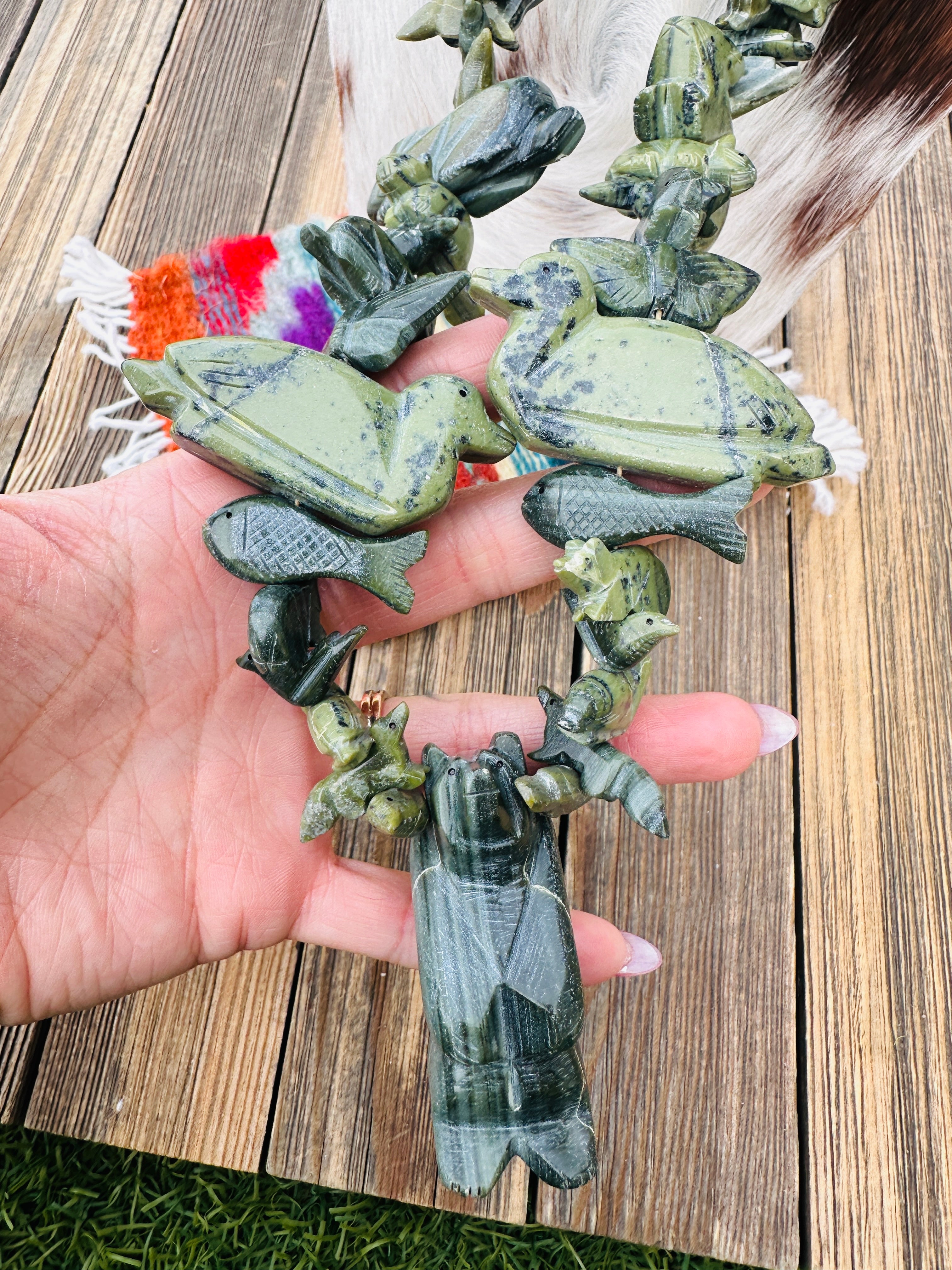 Handcrafted Serpentine & Sterling Silver Fetish Beaded Necklace