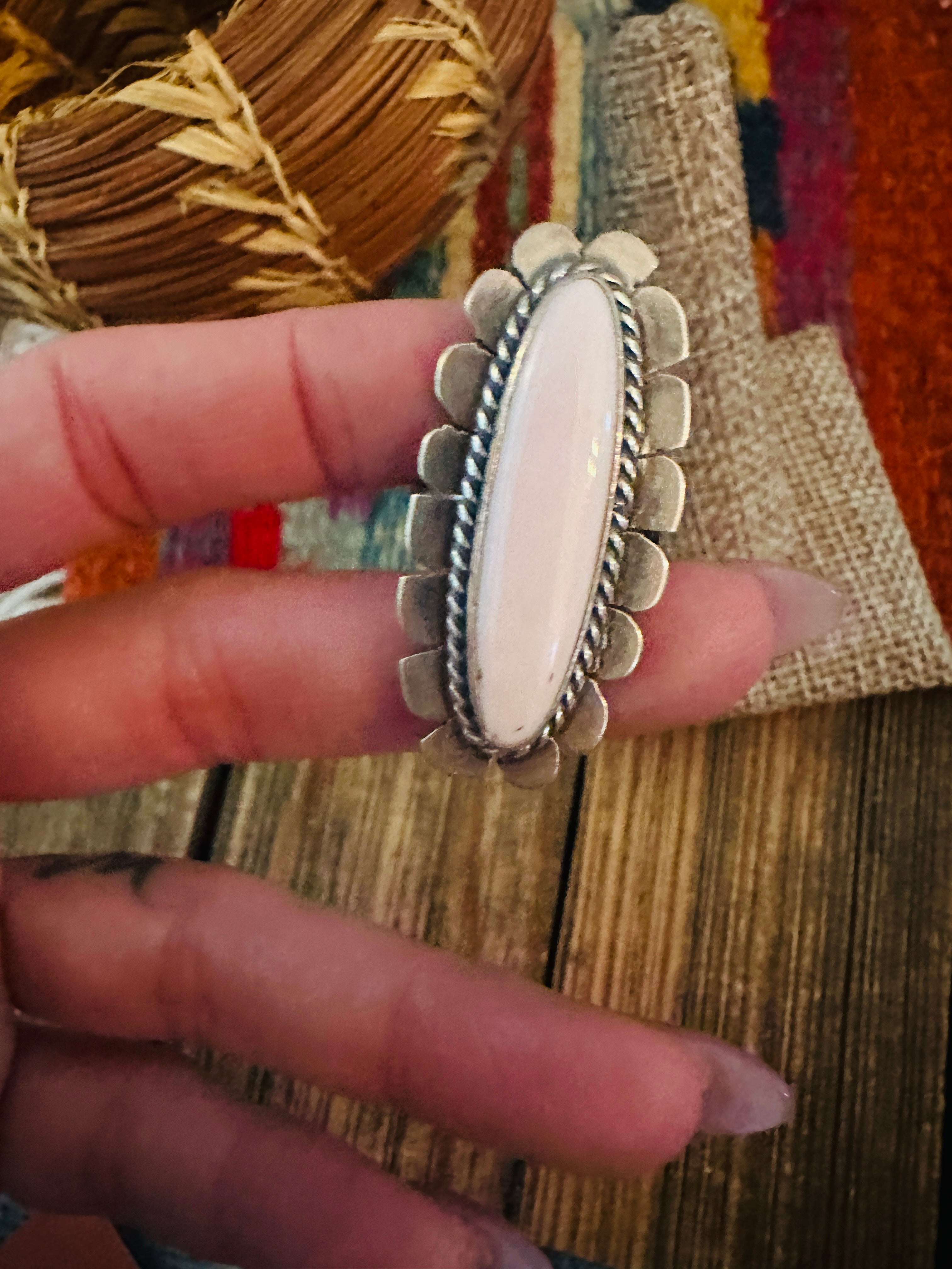 Handcrafted Queen Pink Conch & Sterling Silver Adjustable Ring