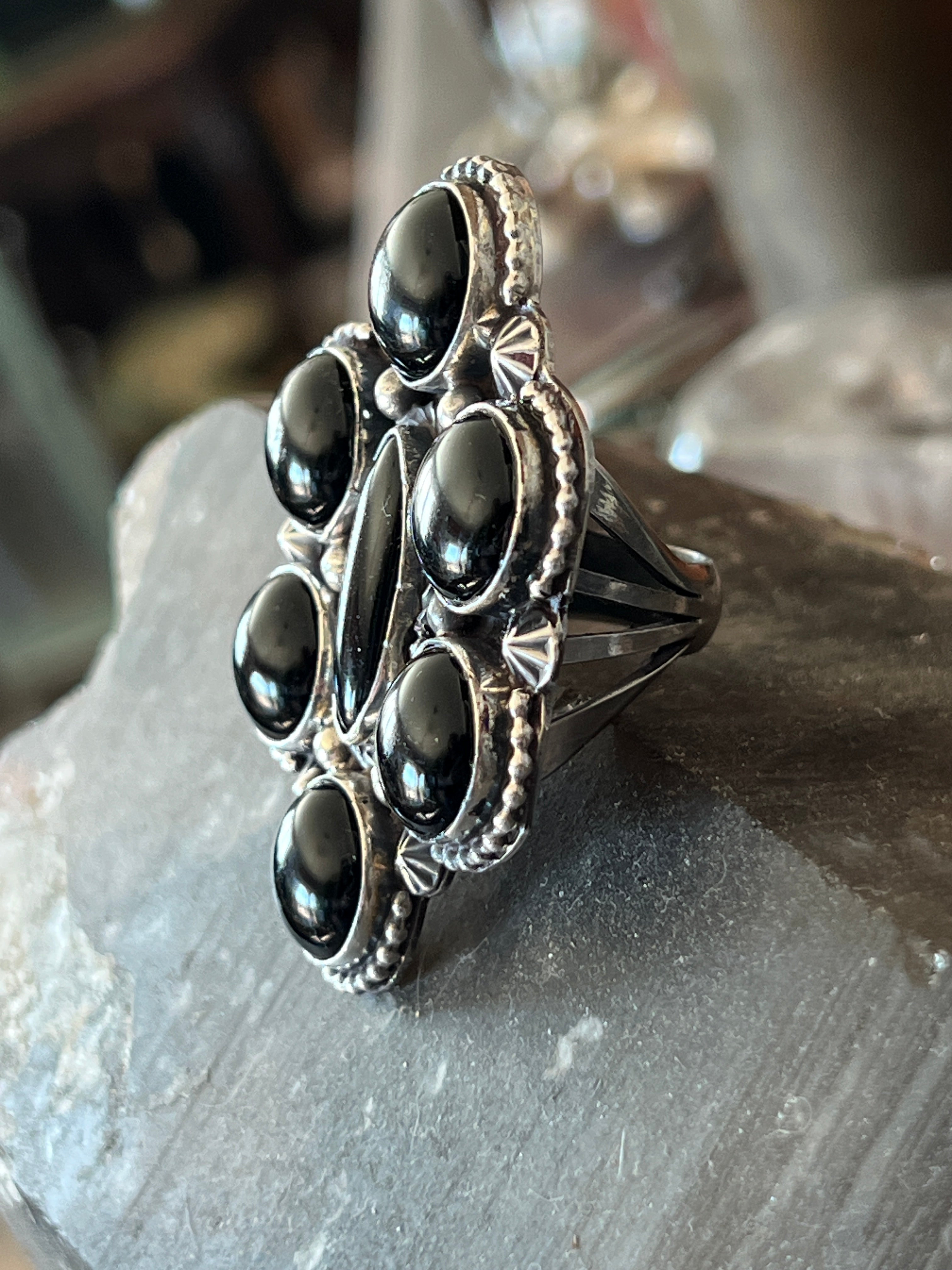 Handcrafted Sterling Silver and Black Onyx Cluster Ring by Rosella Paxson, Size 9