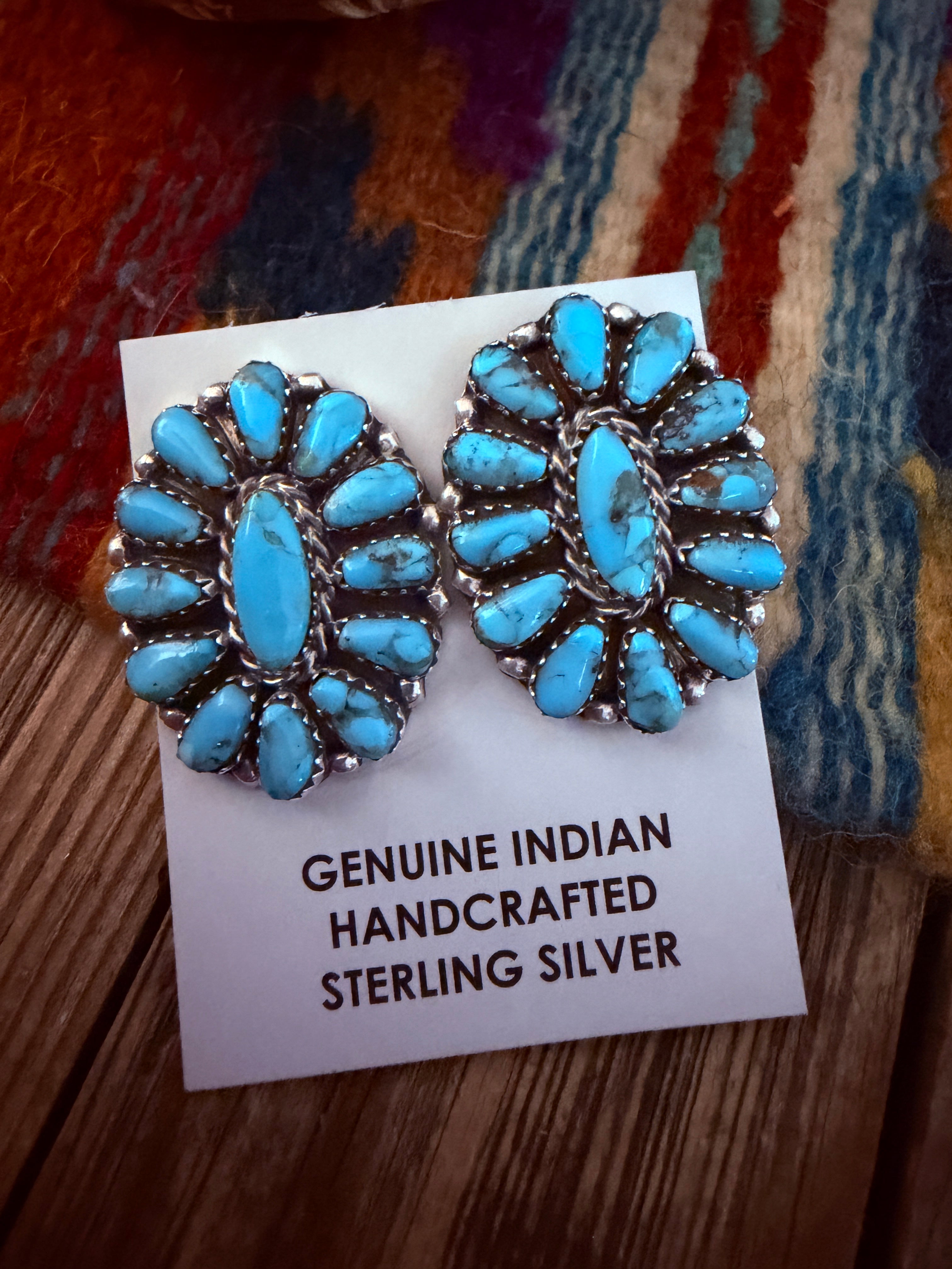 Handcrafted Turquoise & Sterling Silver Cluster Post Earrings by Leander Nez