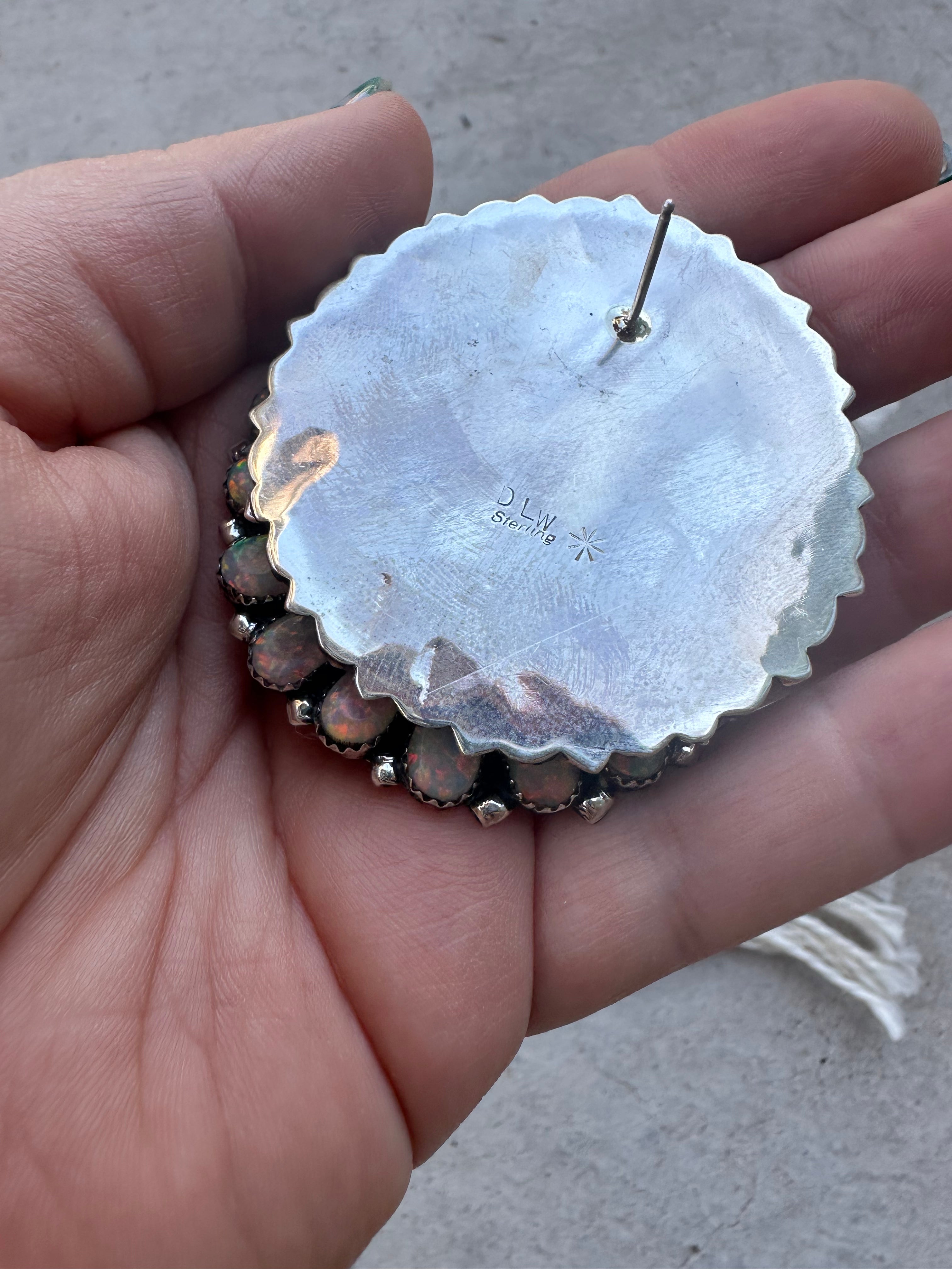 Handcrafted Fire Opal & Sterling Silver Cluster Circle Earrings Signed