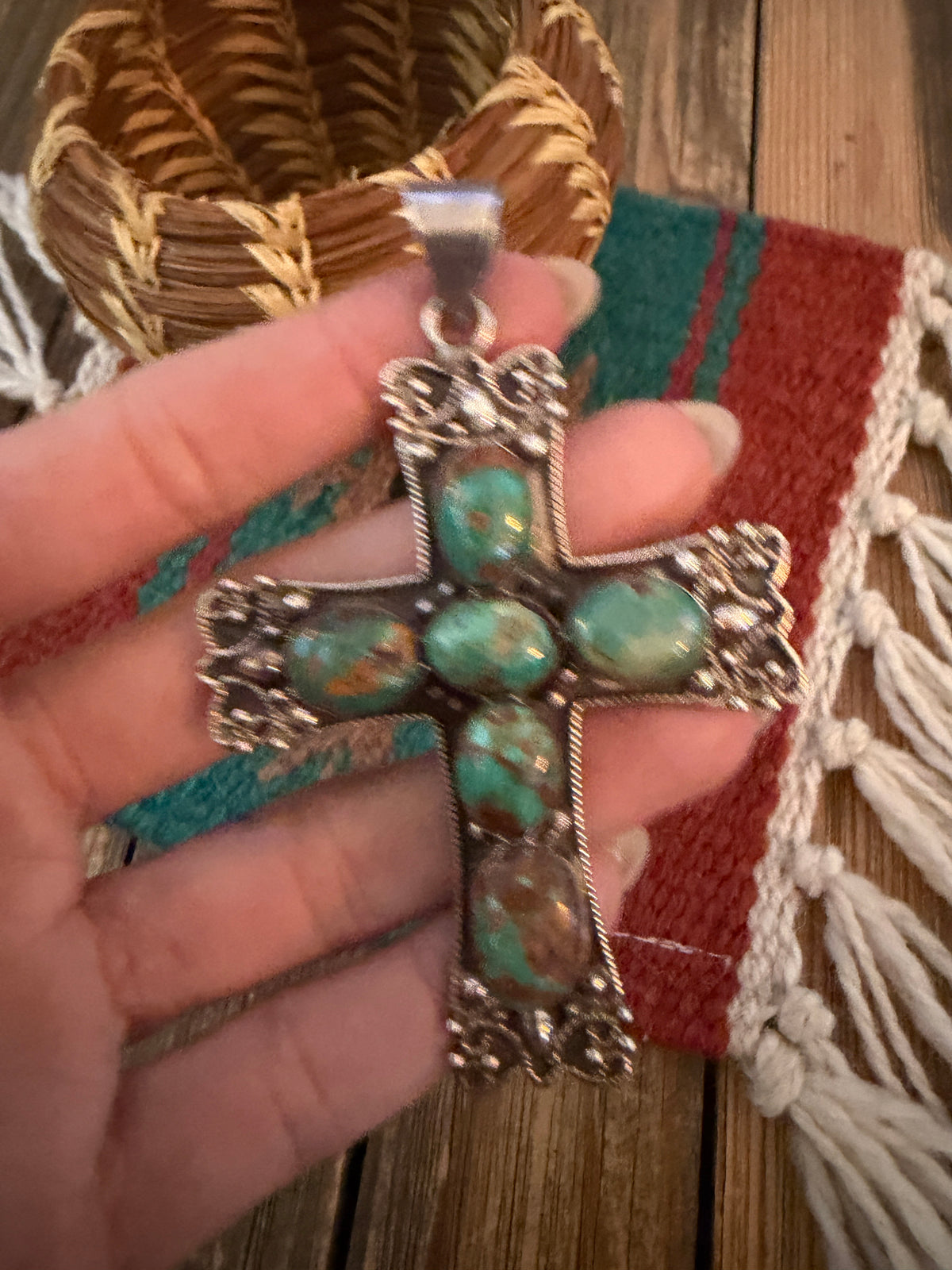 Old Pawn Handcrafted Turquoise and Sterling Silver Cross Pendant