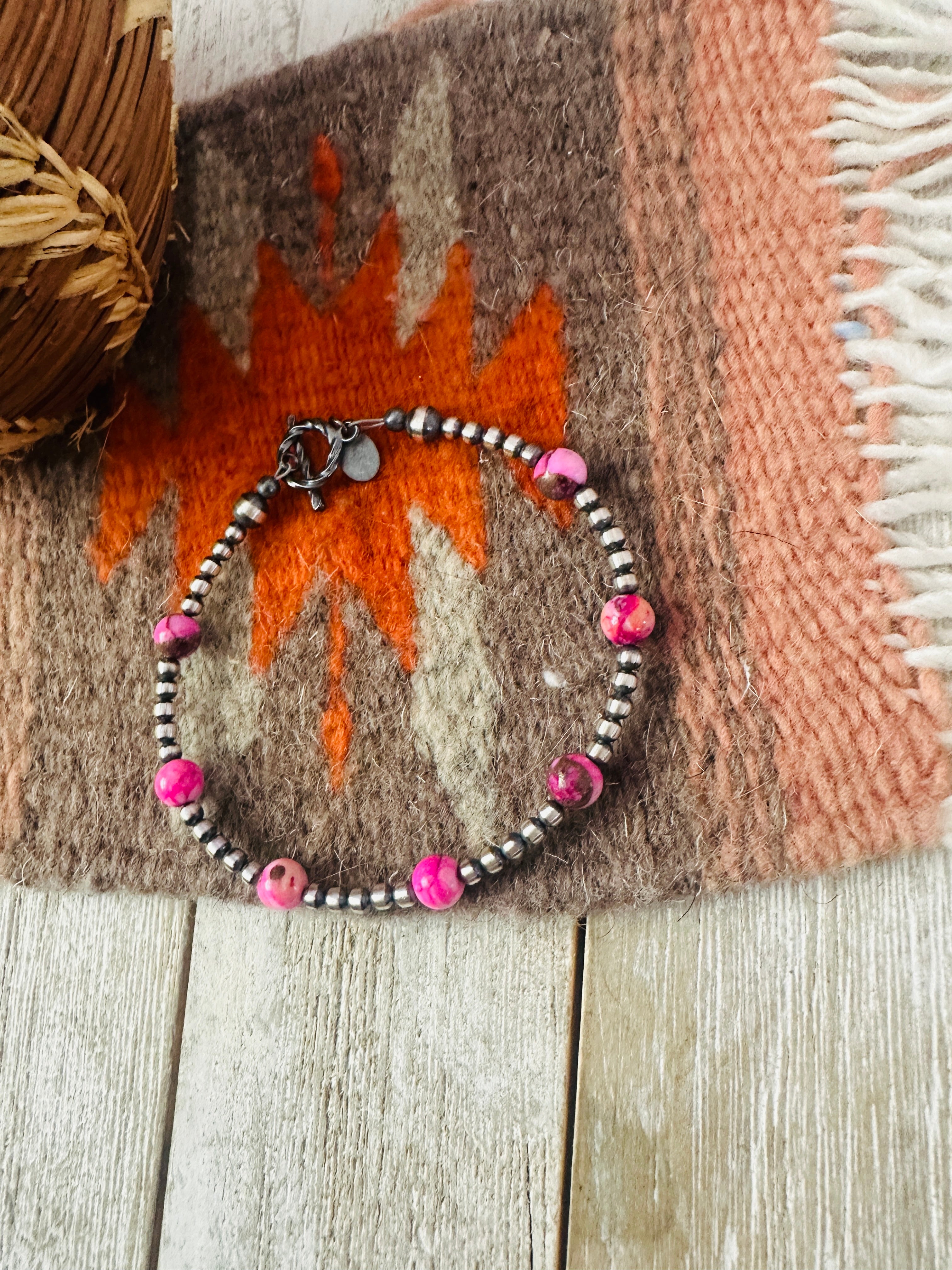 Handcrafted Pink Mojave and Sterling Silver Pearl Beaded Bracelet