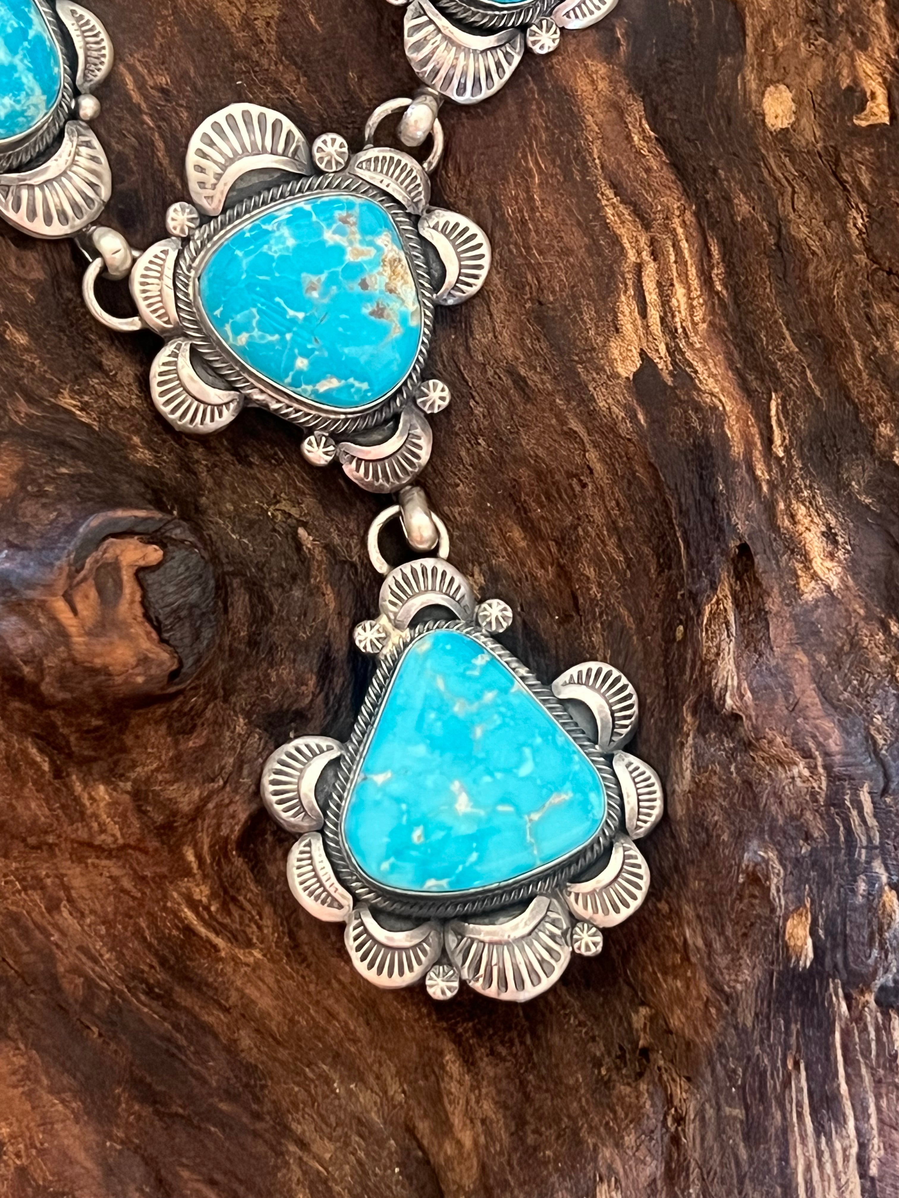 Handcrafted Stellar Sterling Silver and Whitewater Turquoise Necklace and Earrings Set by Gilbert Tom