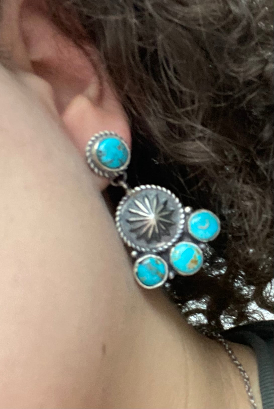 Southwestern Sunburst Turquoise Sterling Silver Dangle Earrings