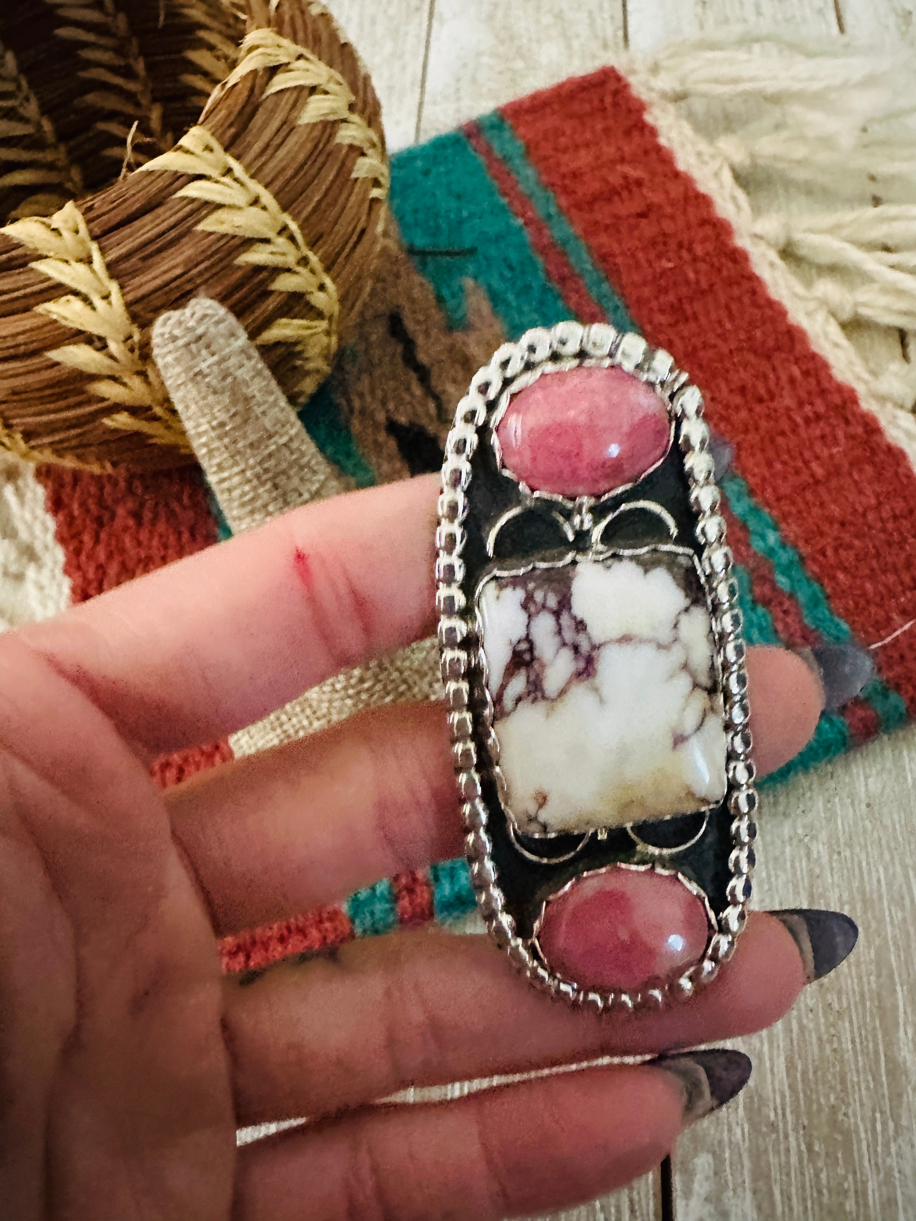 Handcrafted Wild Horse, Rhodochrosite & Sterling Silver Ring Size 10