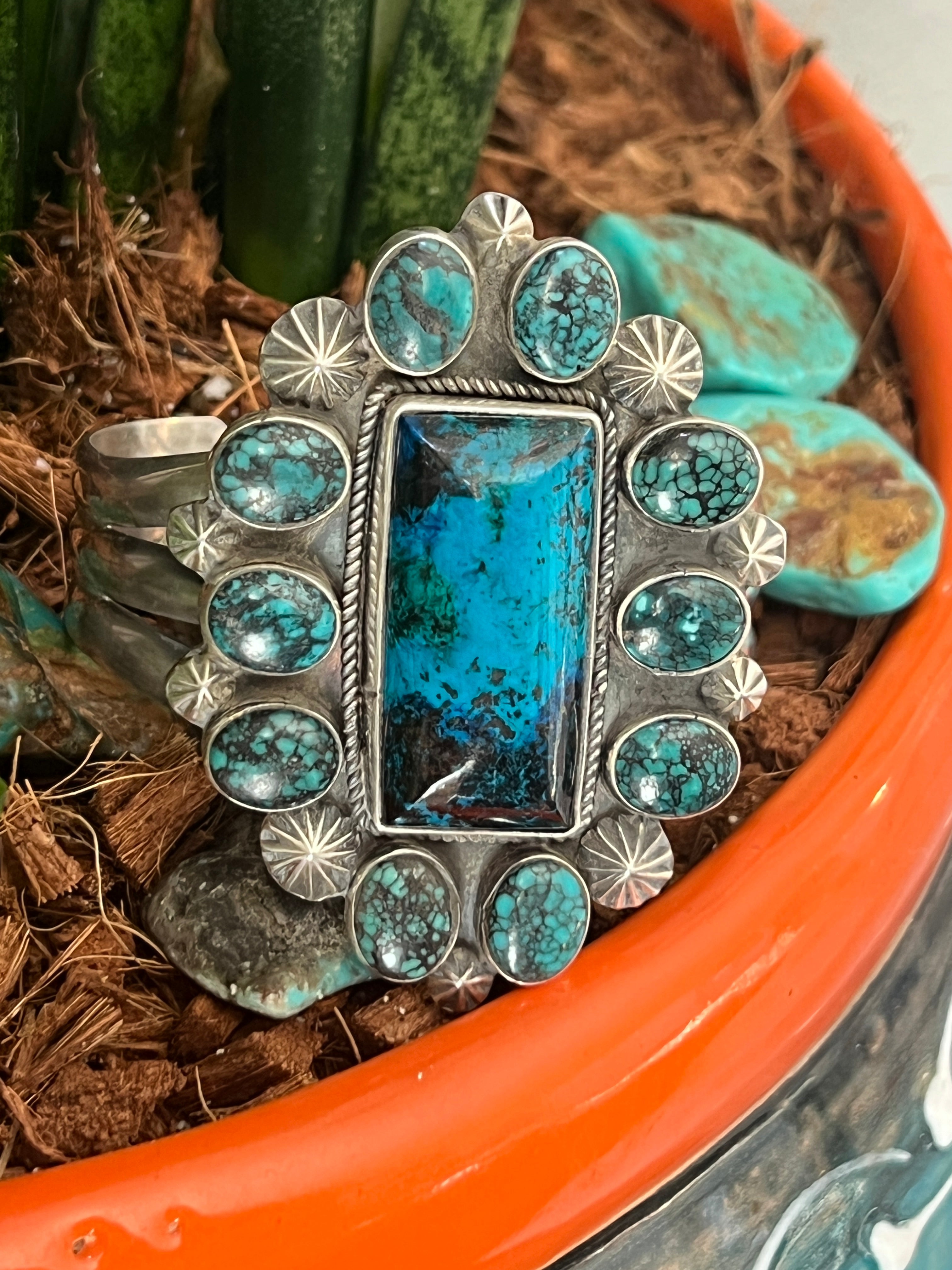 Handcrafted Sterling Silver, Hubei Turquoise and Chrysocolla Azurite Cuff Bracelet by Rosella Paxson /