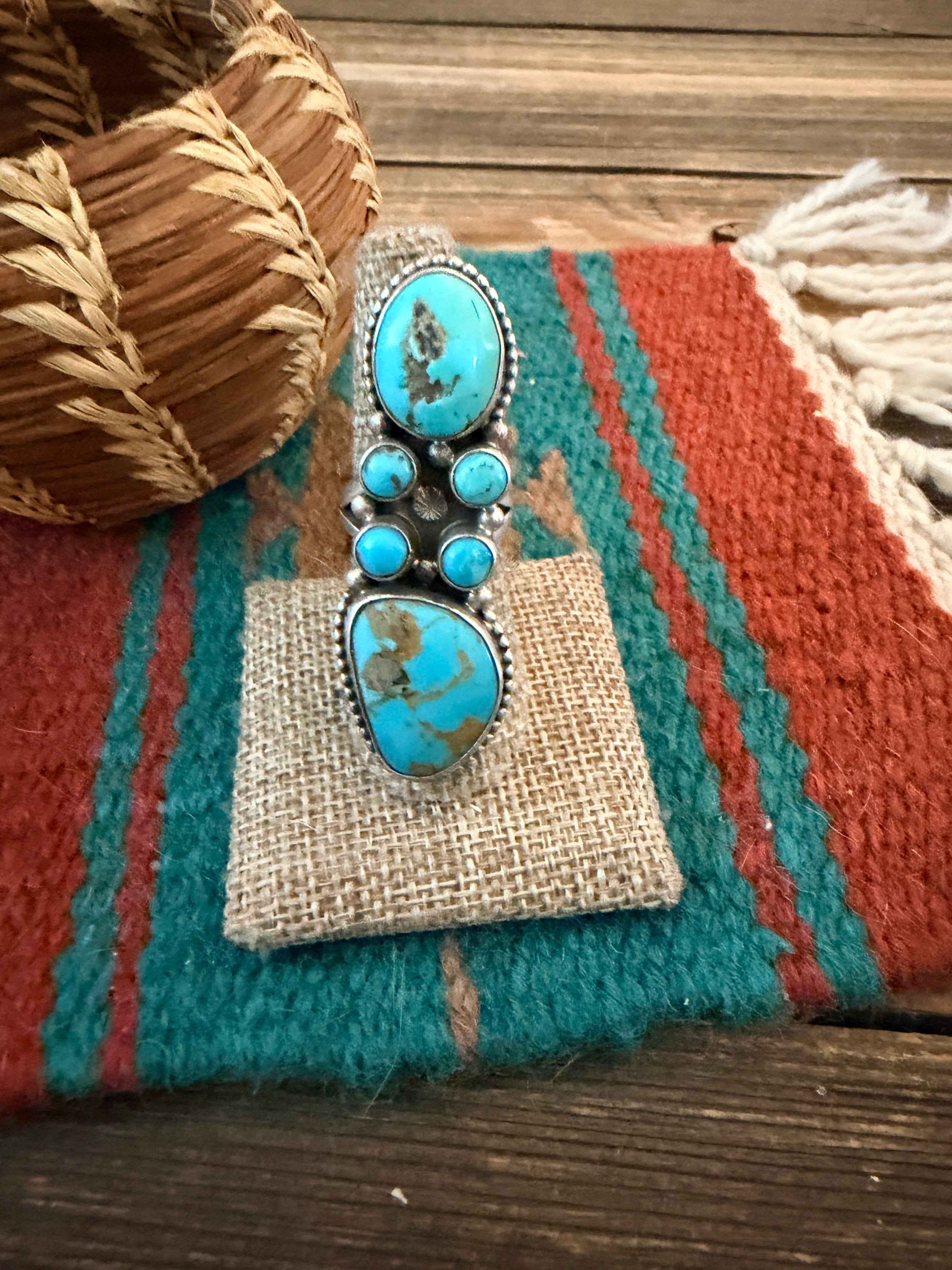 Handcrafted Kingman Turquoise & Sterling Silver Cluster Ring Size 8 by Sheila Becenti