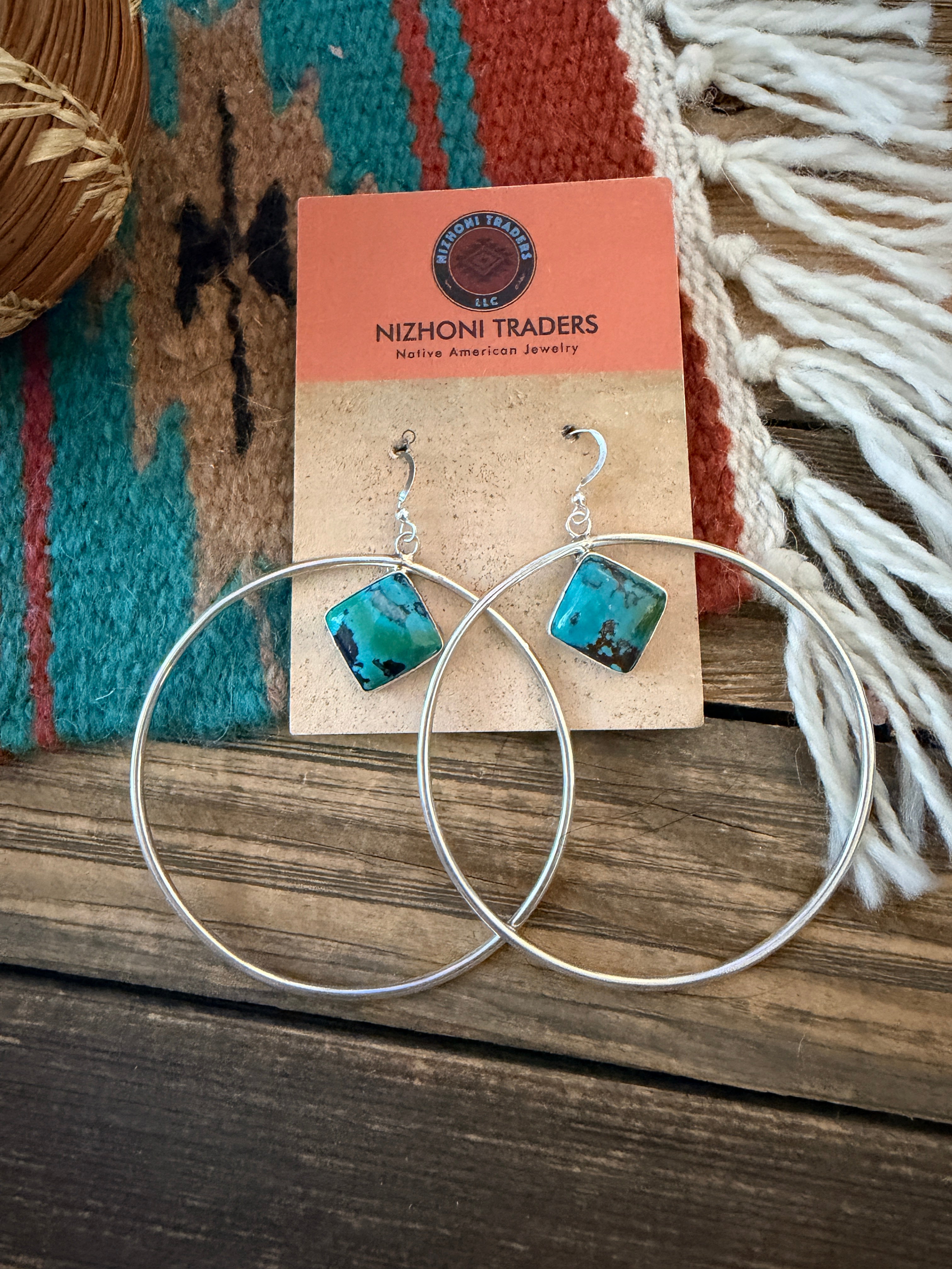 Handcrafted Turquoise & Sterling Silver Hoop Earrings by Patrick Yazzie