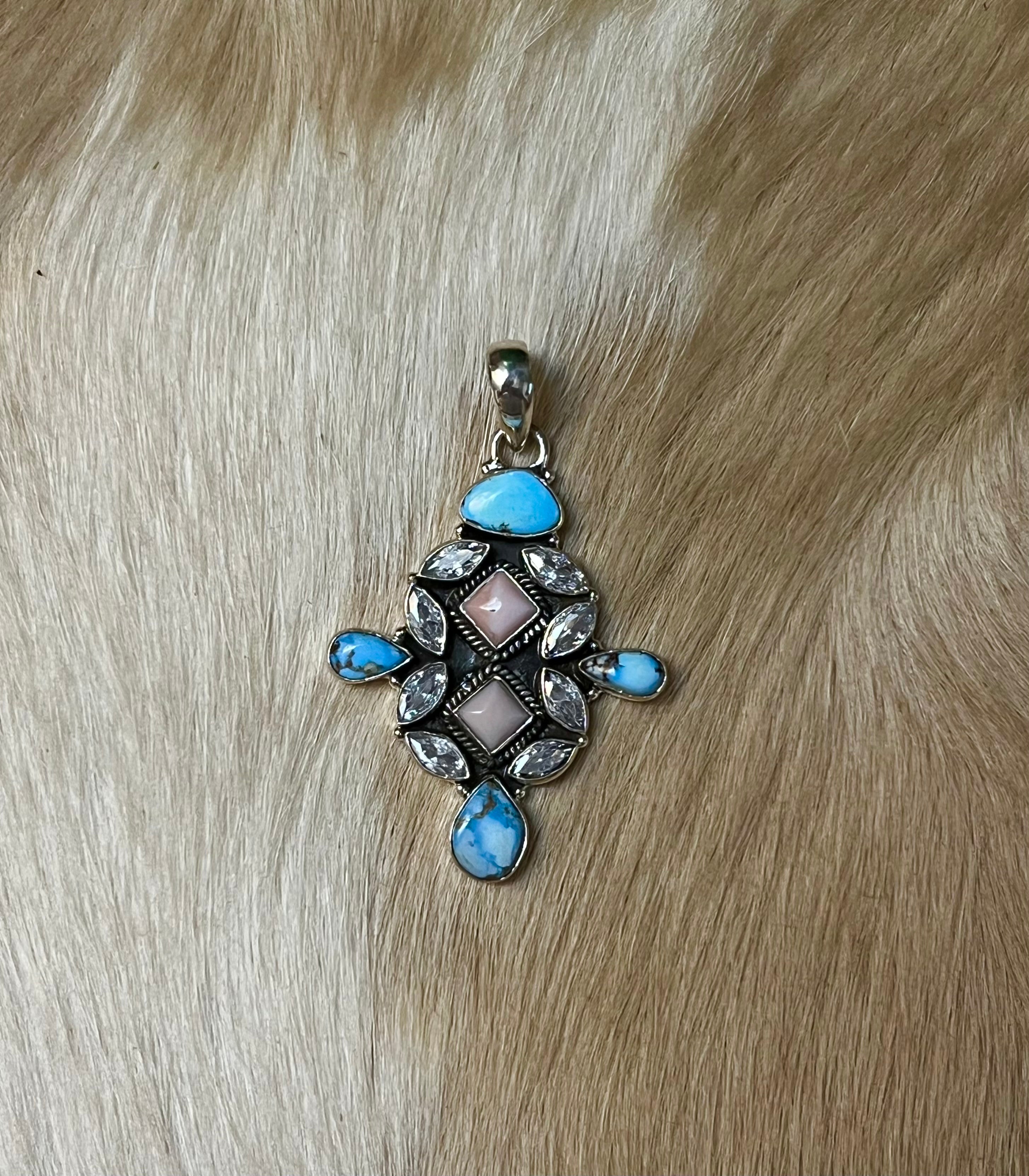 Handmade Golden Hills Turquoise & Pink Conch CZ Sterling Silver Pendant