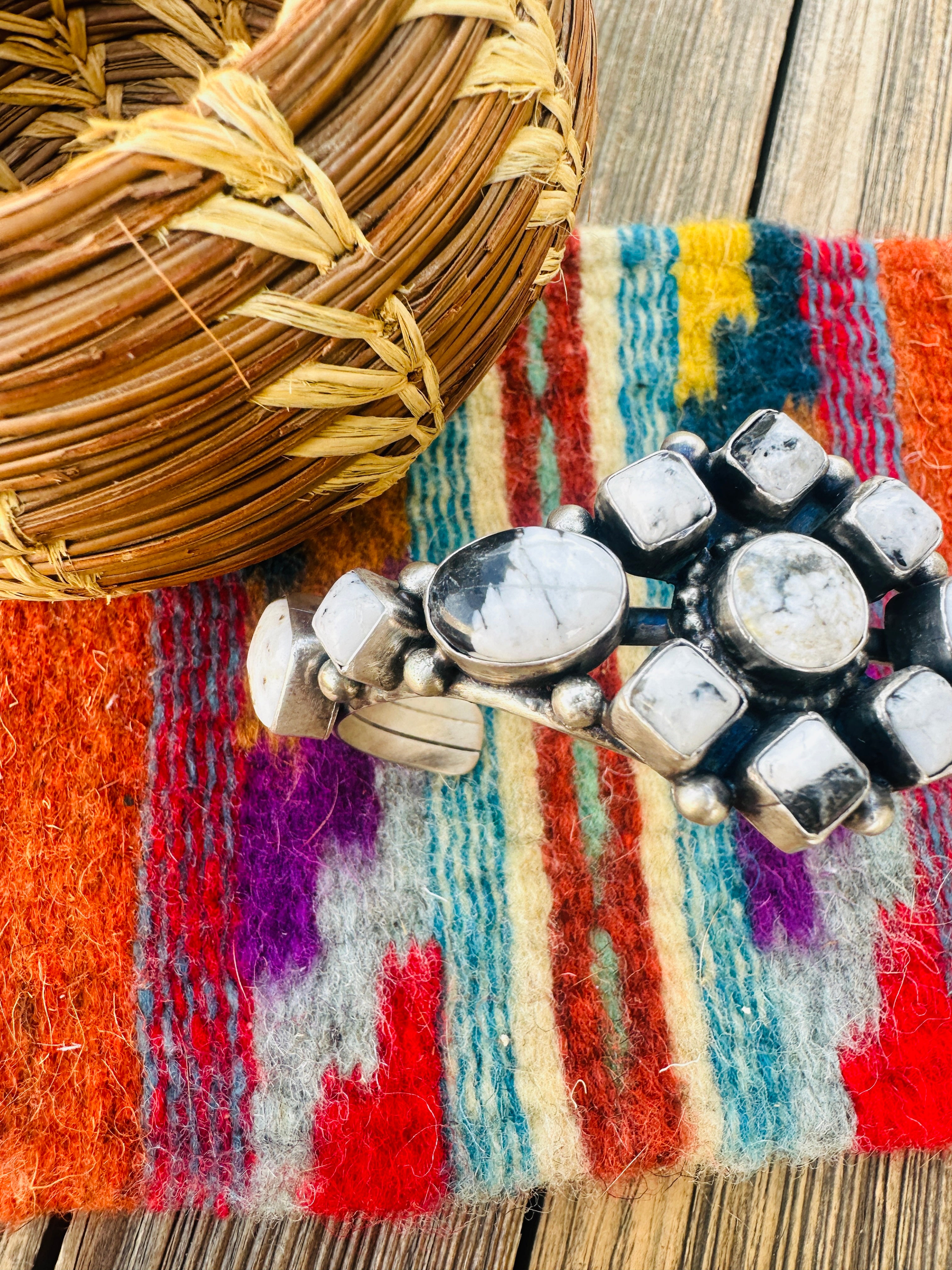 Handcrafted Sterling Silver & White Buffalo Cluster Cuff Bracelet by Bobby Johnson