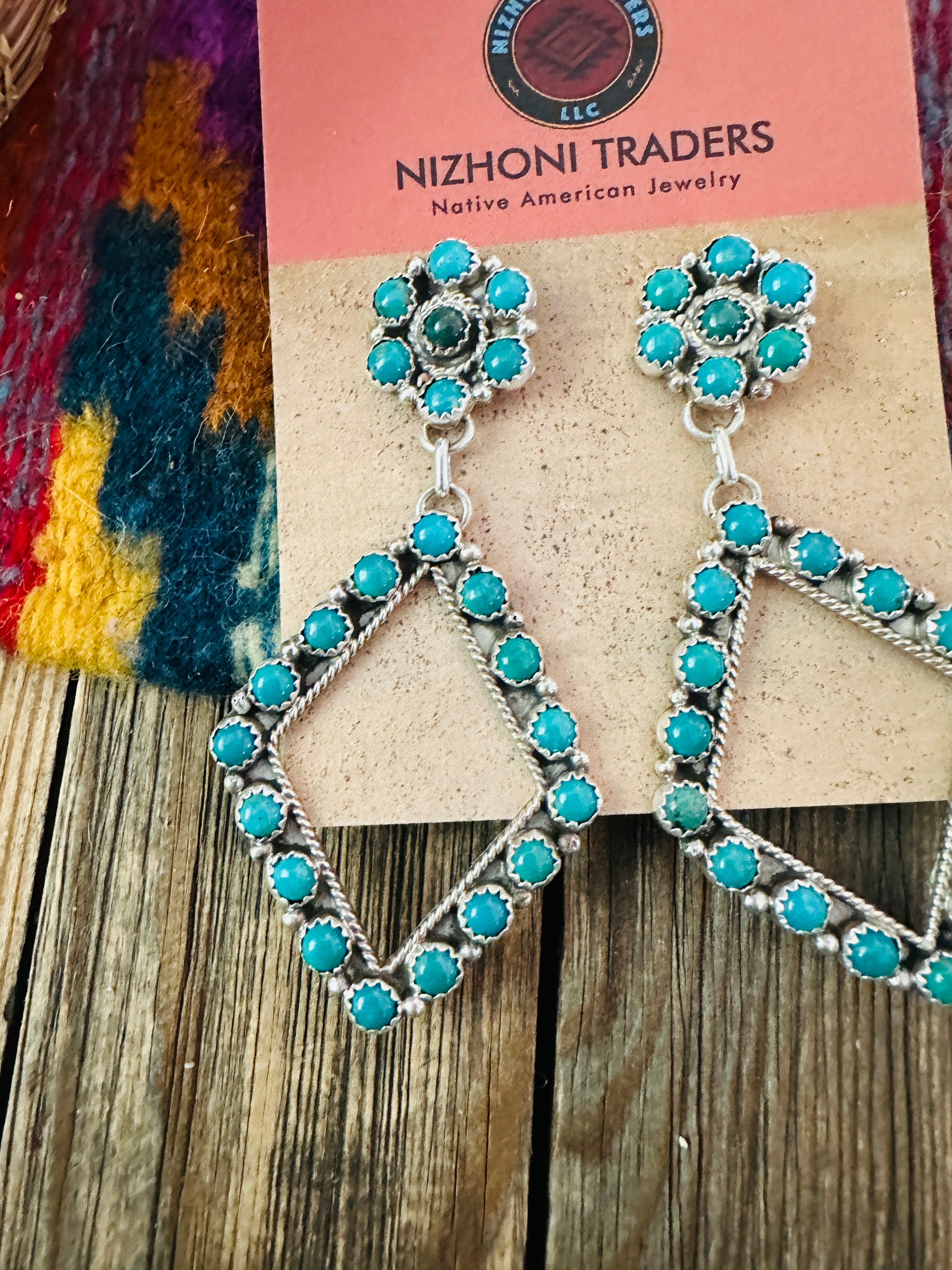 Handcrafted Turquoise & Sterling Silver Cluster Dangle Earrings