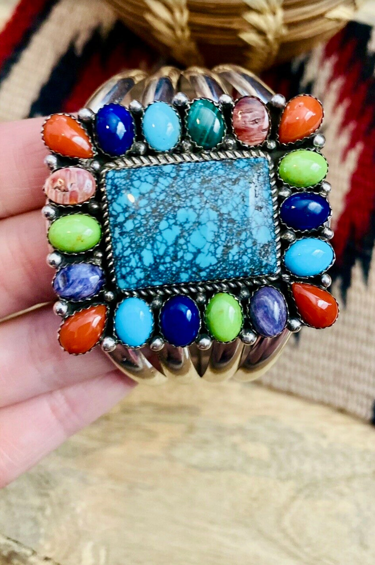 Handcrafted & Amazing Multi Stone & Sterling Silver Cuff Bracelet Signed