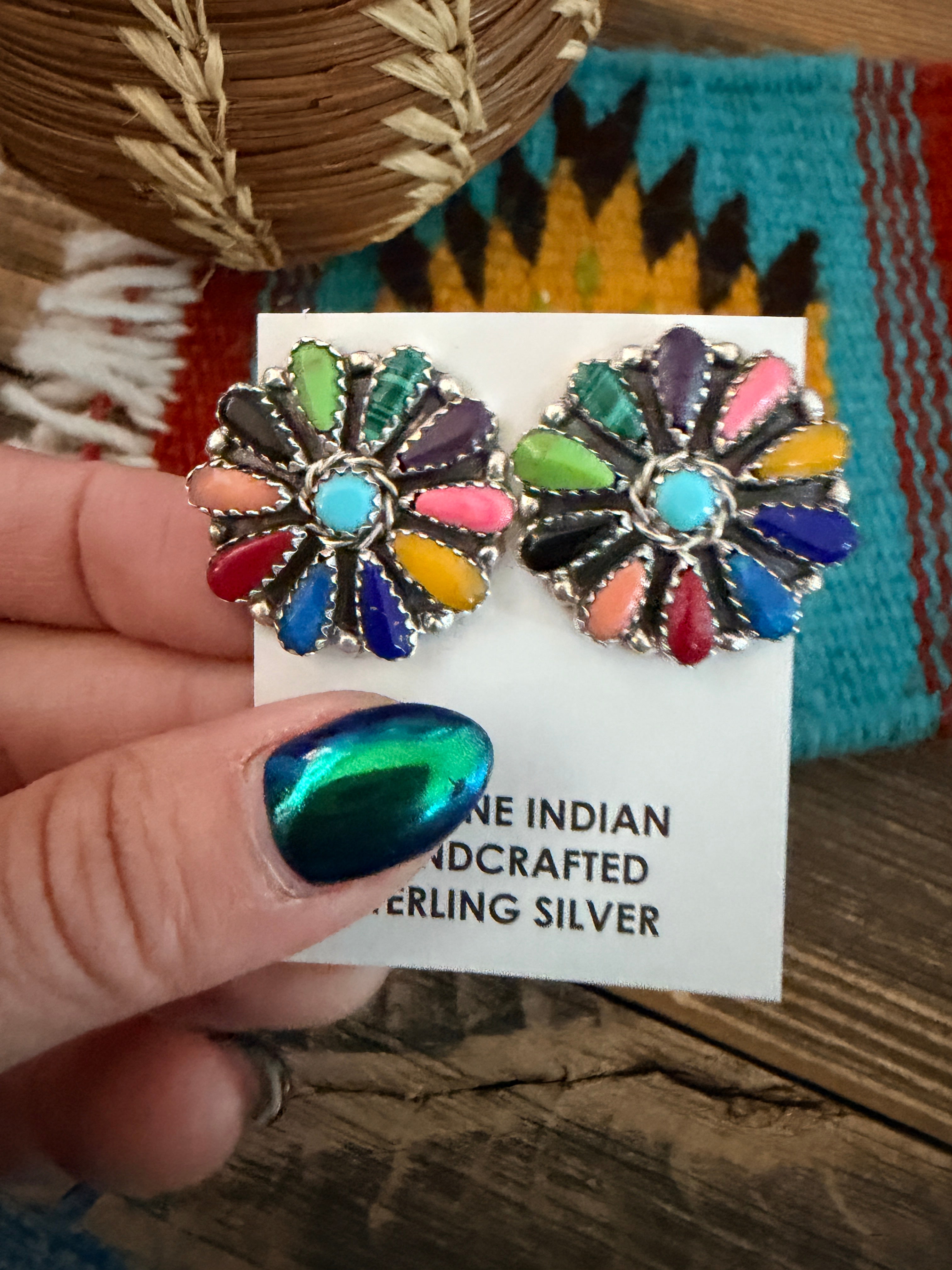 Handcrafted Multi Stone & Sterling Silver Cluster Post Earrings