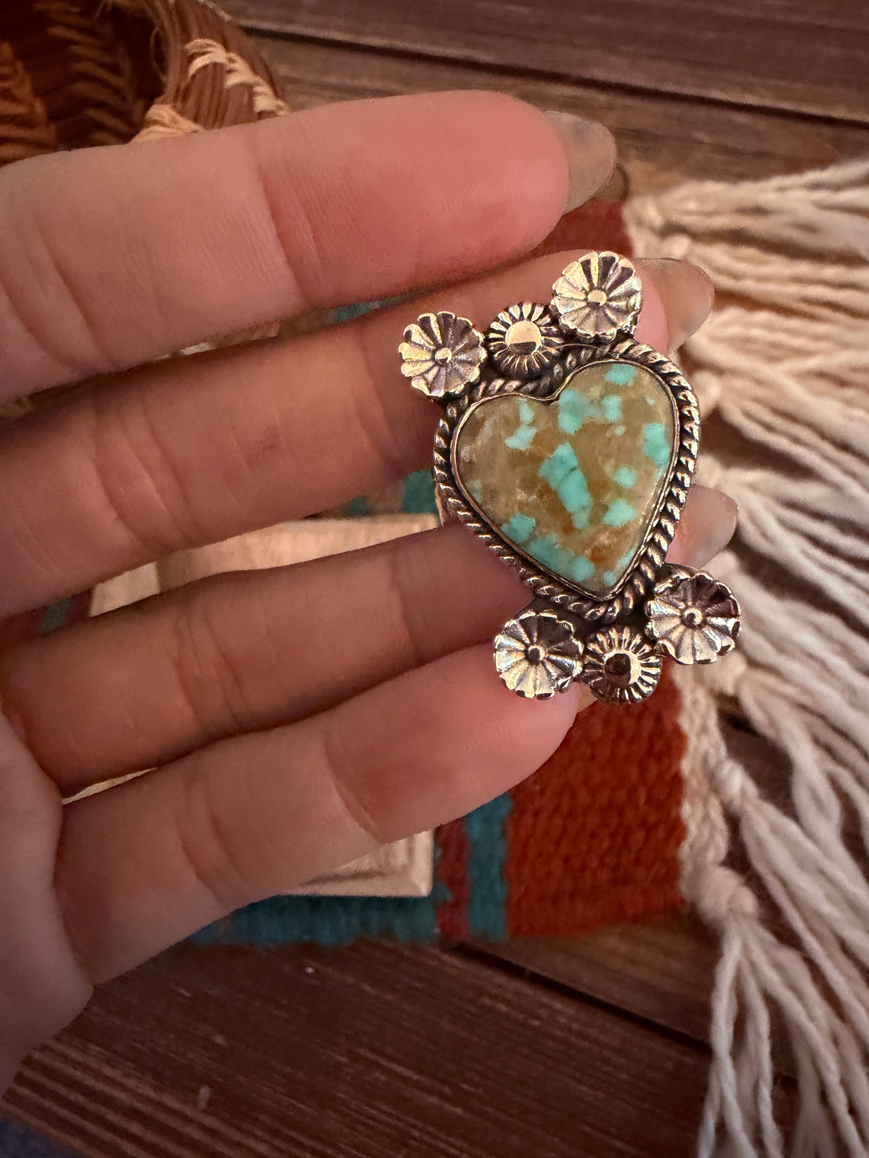 Handmade Sterling Silver Number 8 Turquoise Adjustable Heart Ring Signed Nizhoni