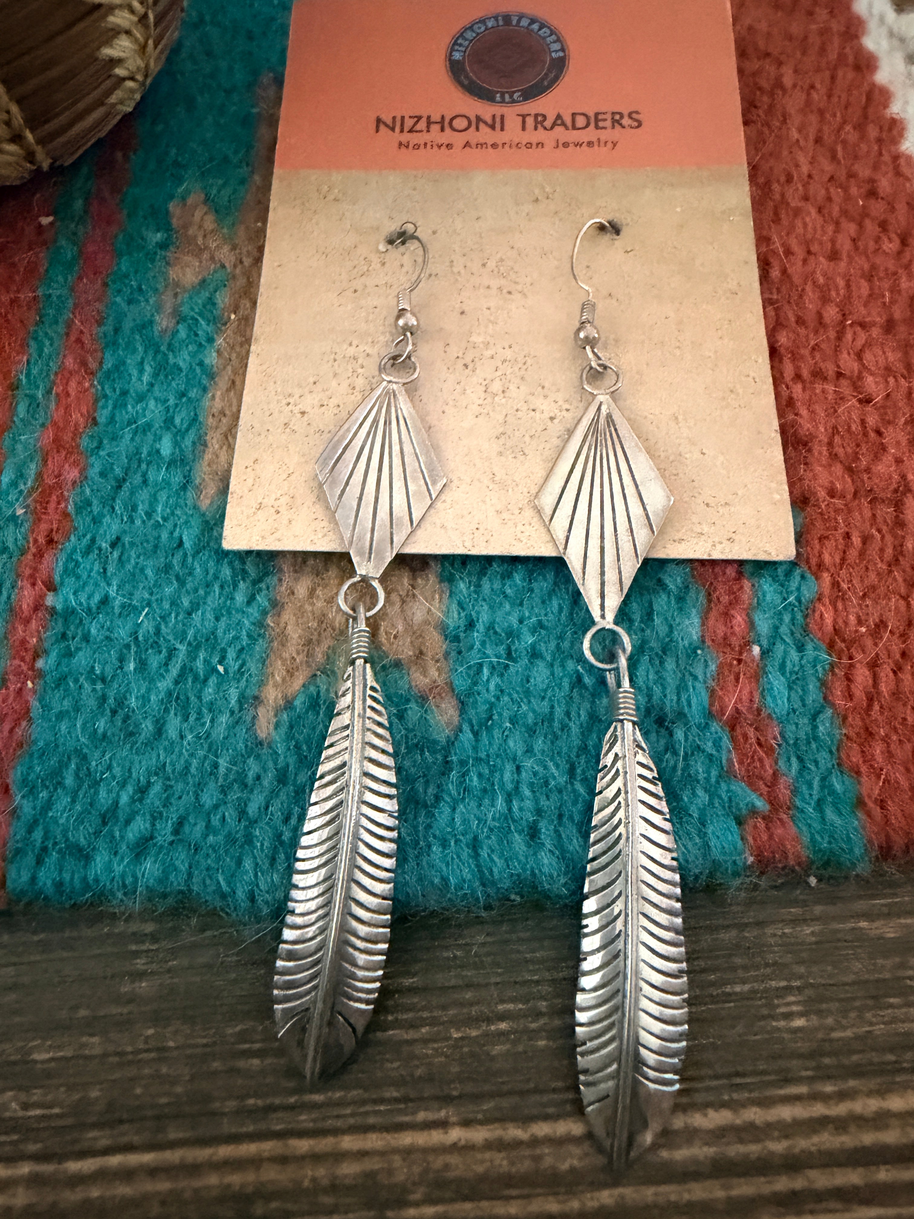 Handcrafted Old Pawn Sterling Silver Feather Dangle Earrings