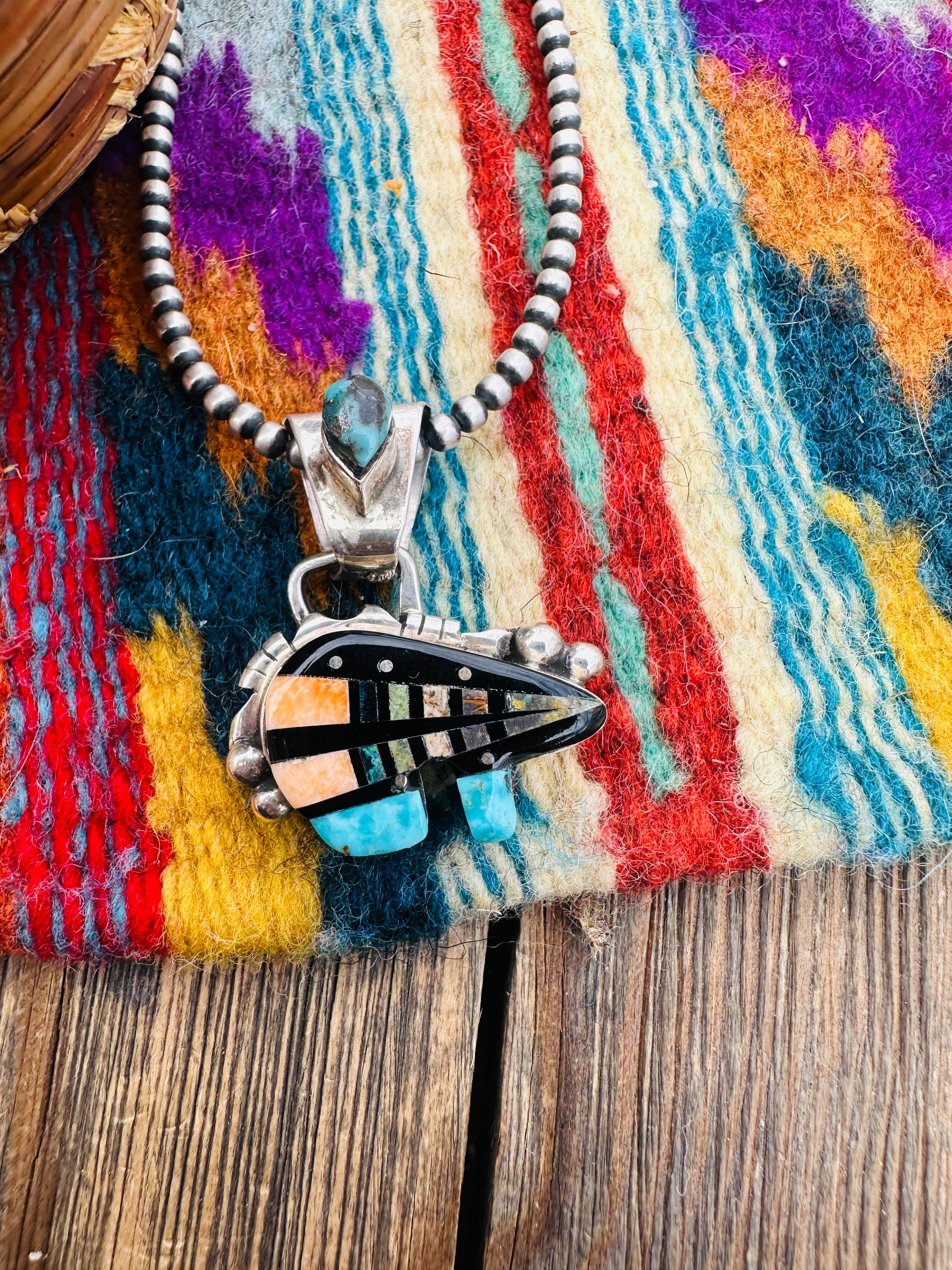 Handcrafted Sterling Silver and Multi Stone Inlay Pendant by Ray Jack