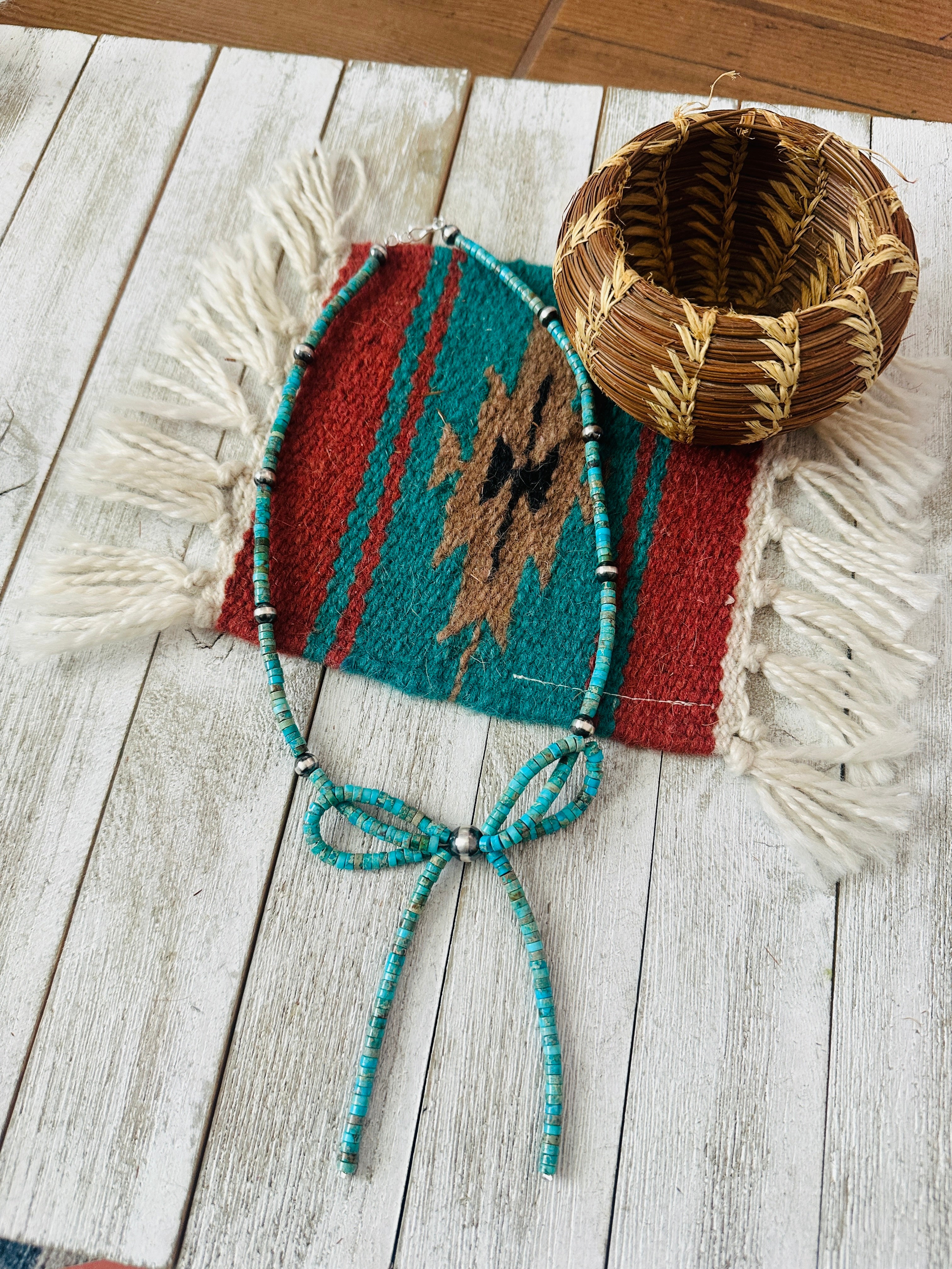 Handcrafted Sterling Silver & Turquoise Pearl Beaded Bow Tie Necklace 20”