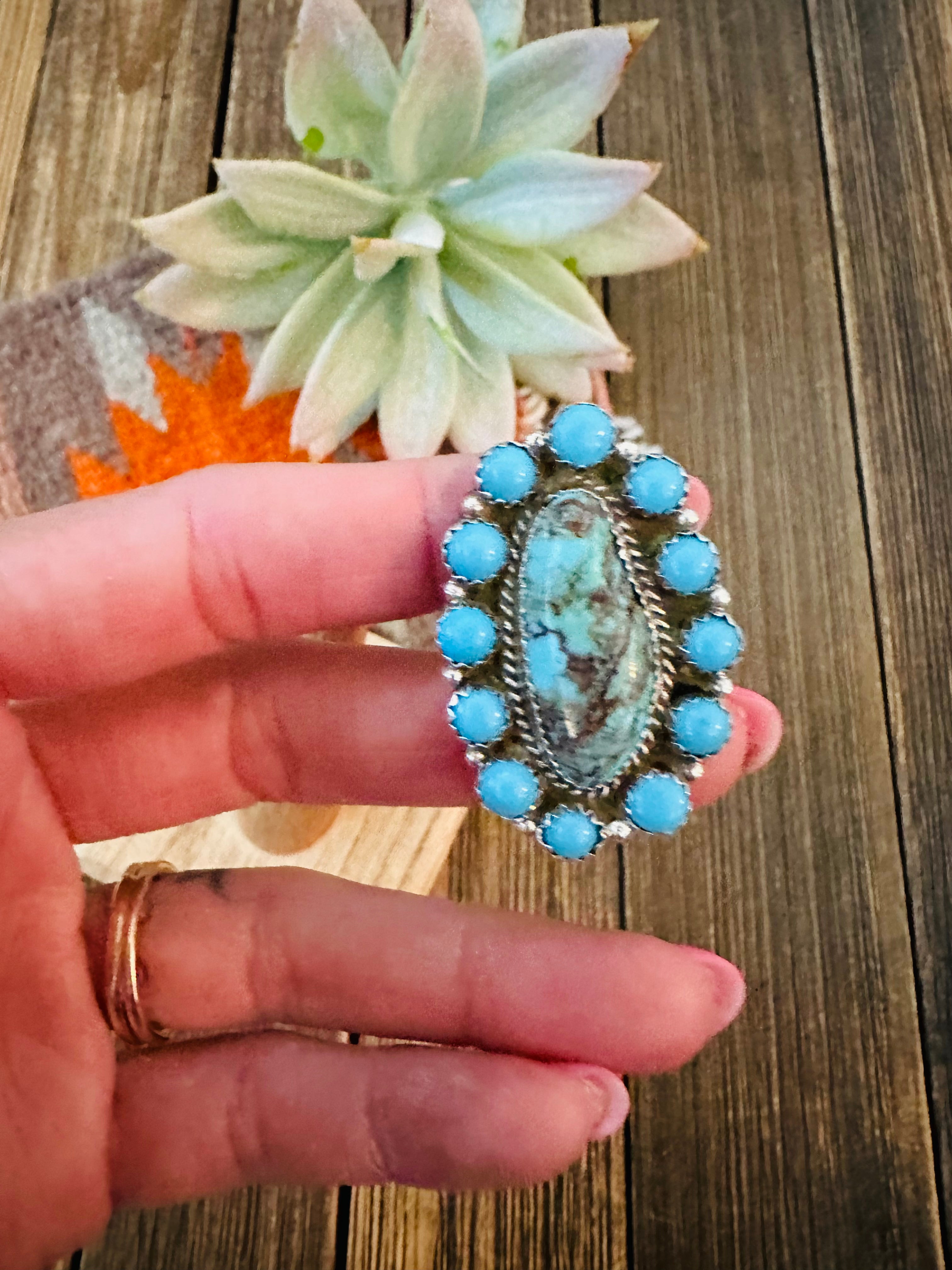 Handcrafted Sterling Silver And Turquoise Cluster Ring Size 9
