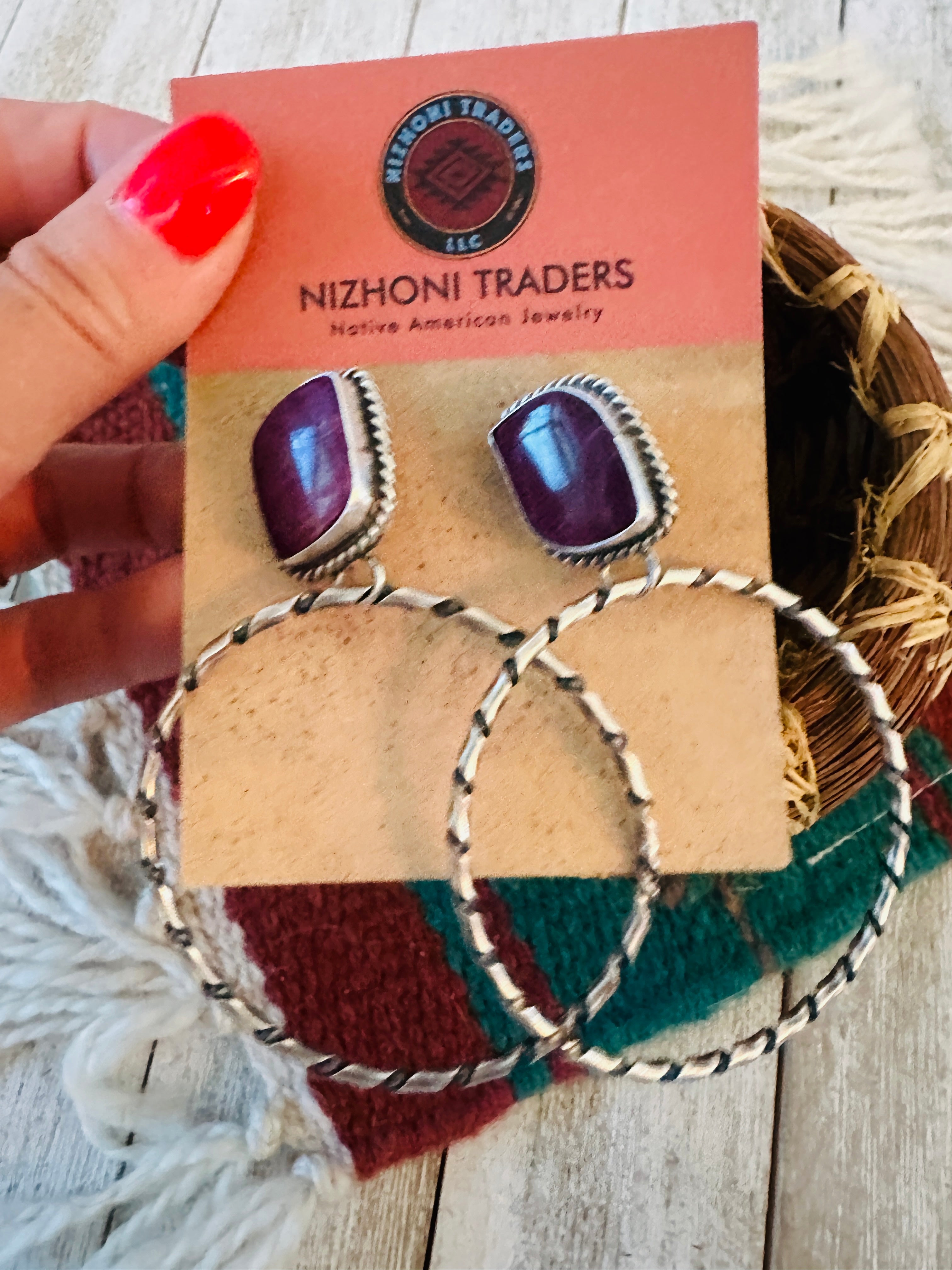 Navajo Purple Spiny and Sterling Silver Dangle Hoop Earrings