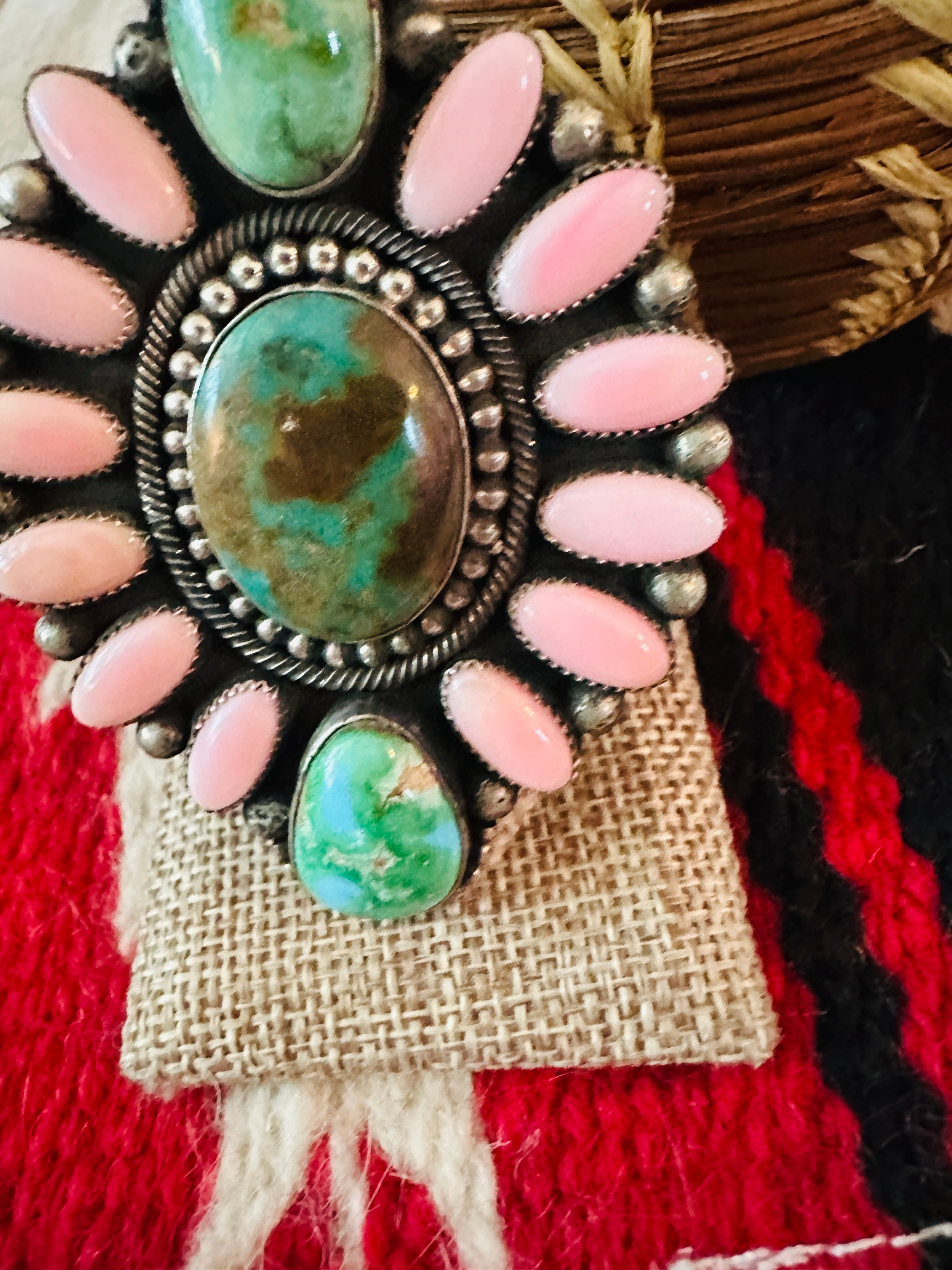 Handcrafted Sterling Silver, Queen Pink Conch & Turquoise Cluster Adjustable Ring by Hemerson Brown