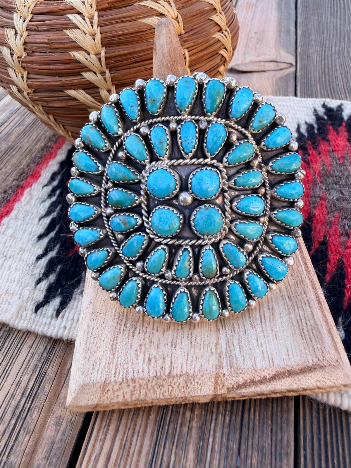 Handcrafted Turquoise & Sterling Silver Cluster Adjustable Ring by Eunice Wilson