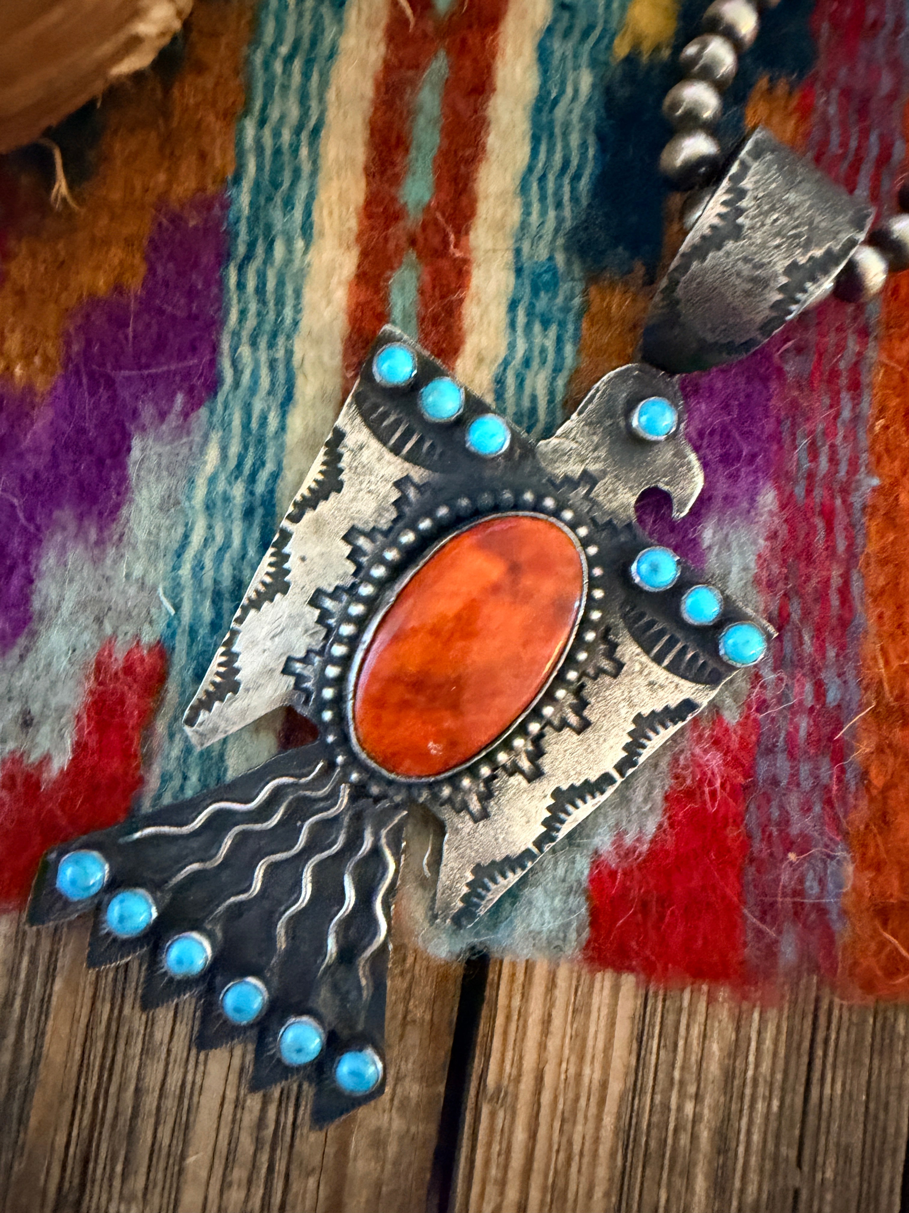 Handcrafted Sterling Silver, Turquoise & Spiny Oyster Thunderbird Pendant by Shawn Cayatineto