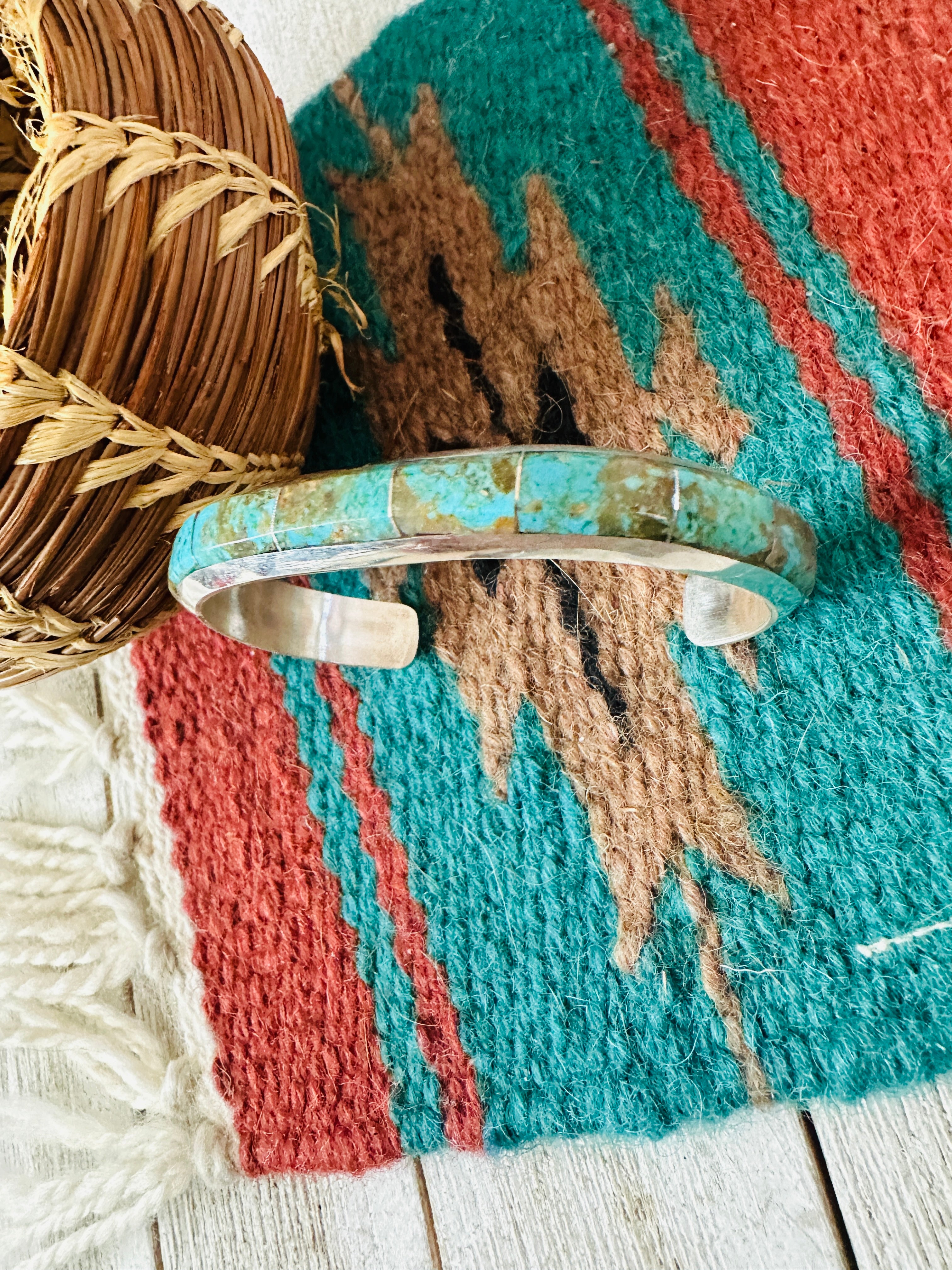 Handcrafted Number 8 Turquoise & Sterling Silver Inlay Cuff Bracelet