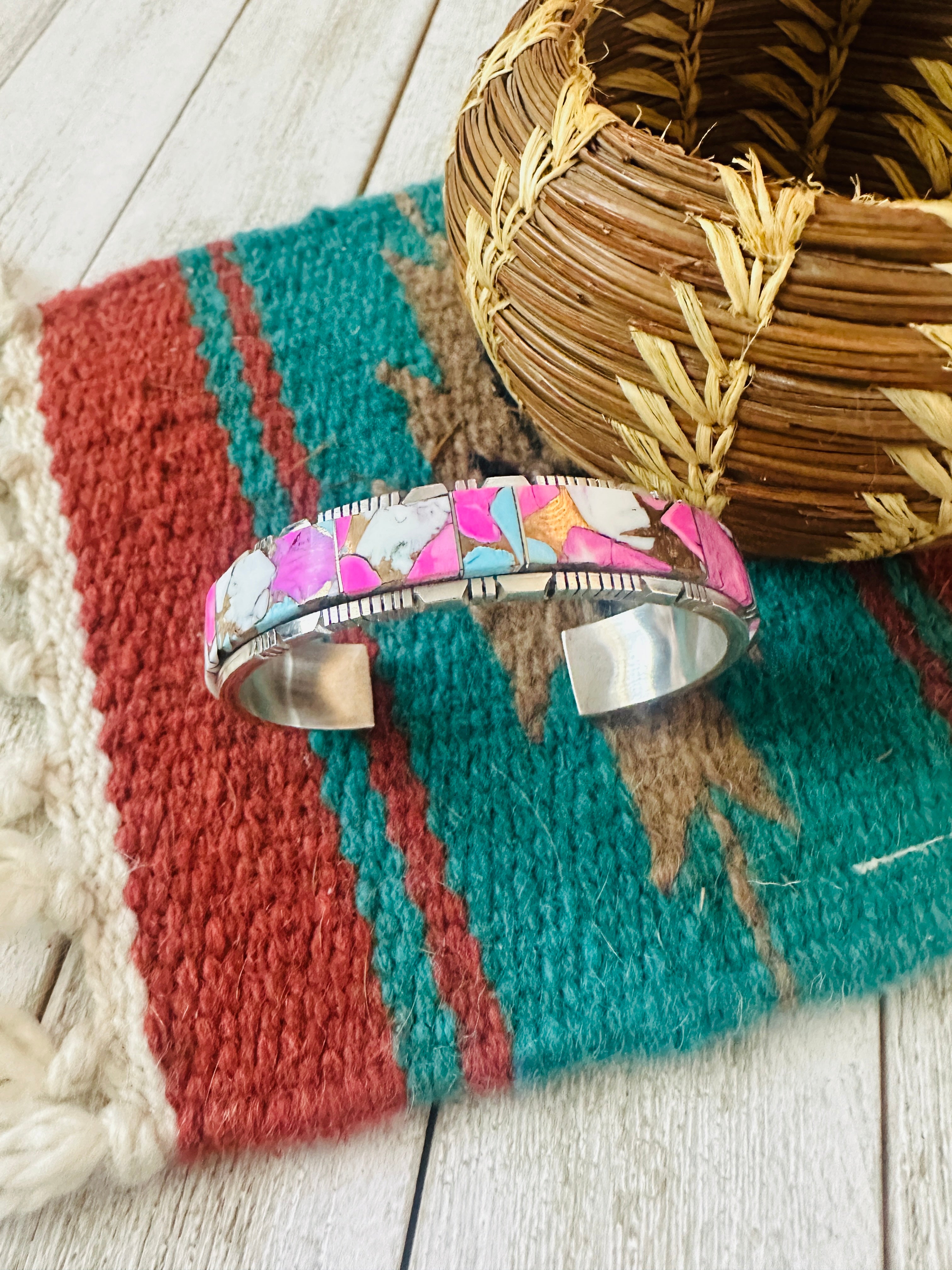 Handcrafted Cotton Candy & Sterling Silver Inlay Cuff Bracelet