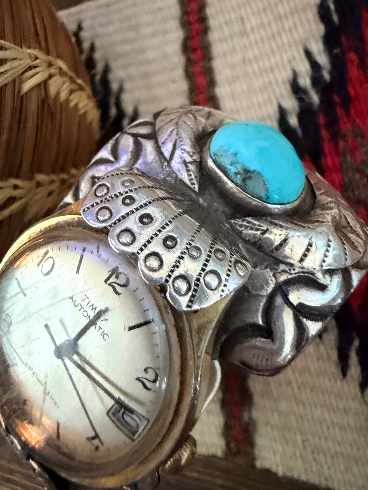 Handcrafted Old Pawn Turquoise, Coral & Sterling Silver Watch Cuff
