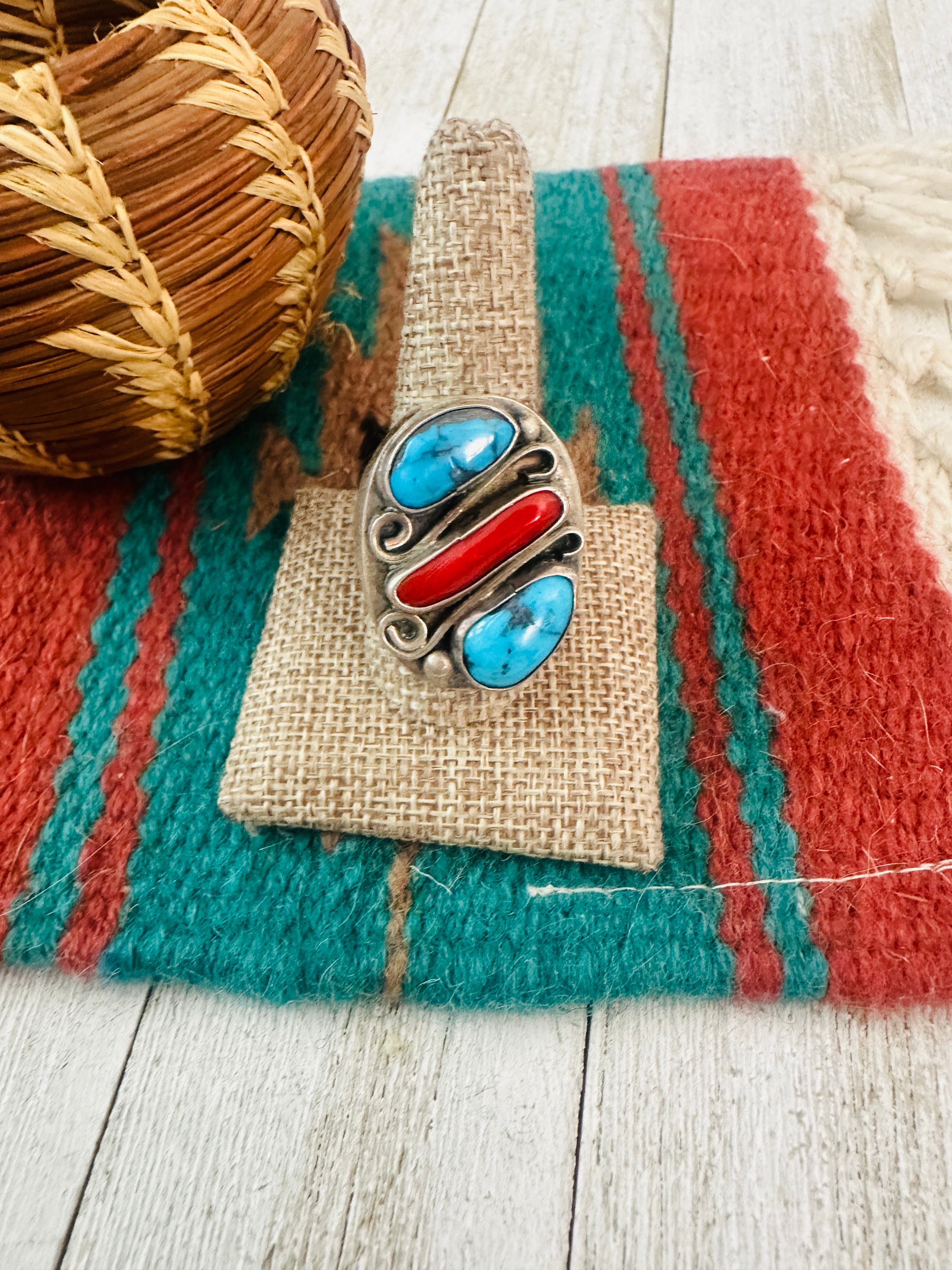 Handcrafted Old Pawn Sterling Silver, Turquoise & Coral Ring Size 11