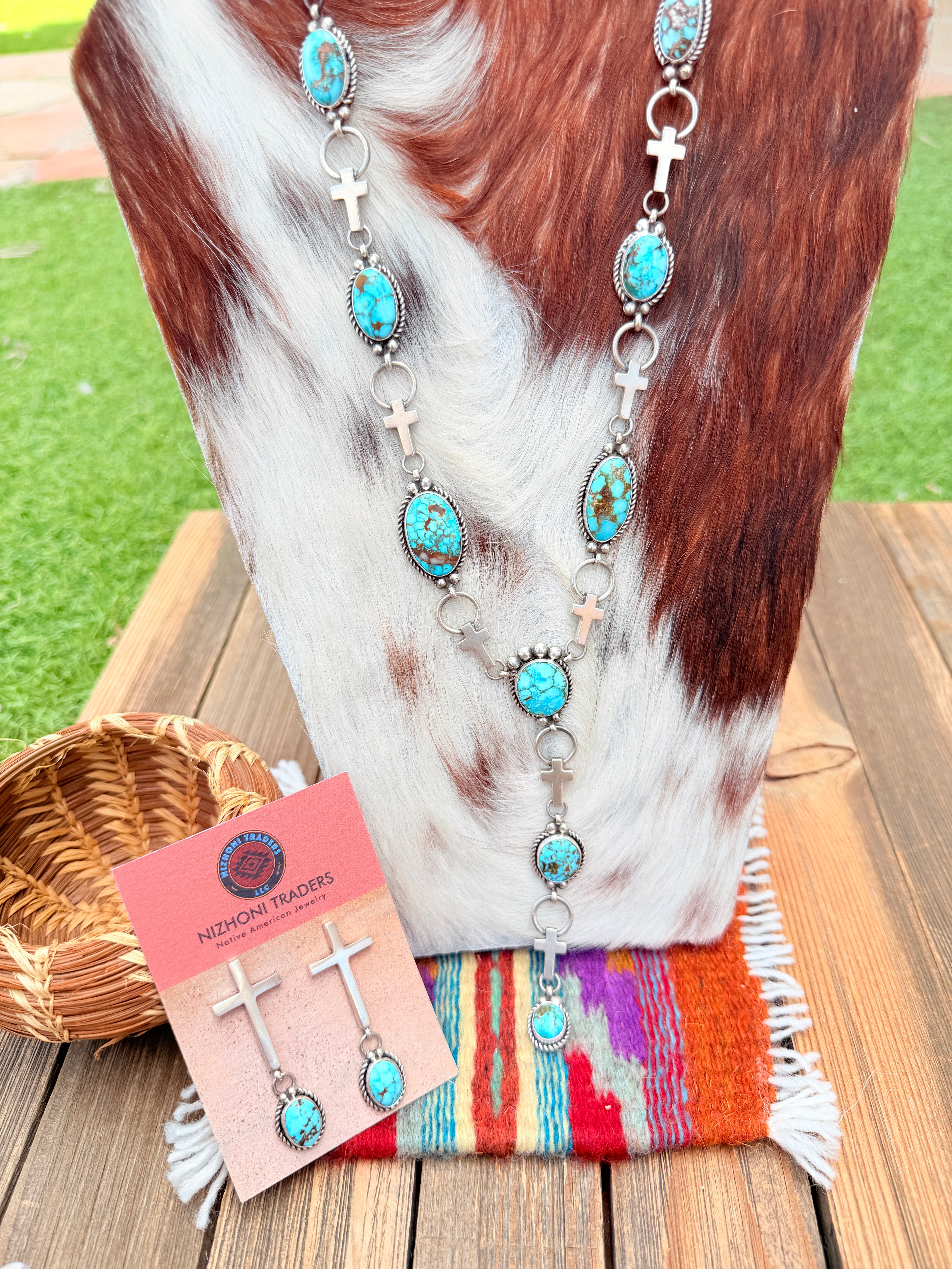 Handcrafted Turquoise & Sterling Silver Cross Necklace and Earring Set by Fred Francis