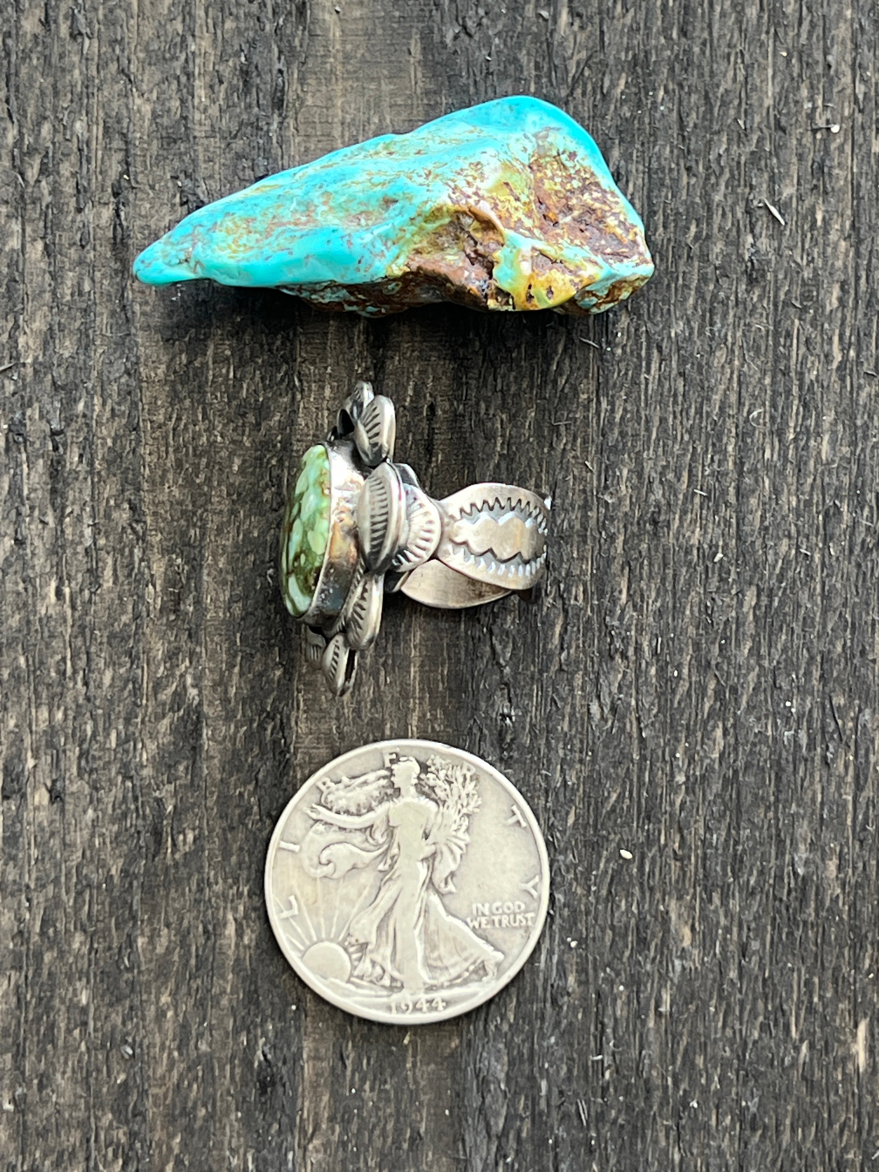 Handcrafted Sterling Silver and Natural Pilot Mountain Turquoise Single Stone Ring by Gilbert Tom, Size 8