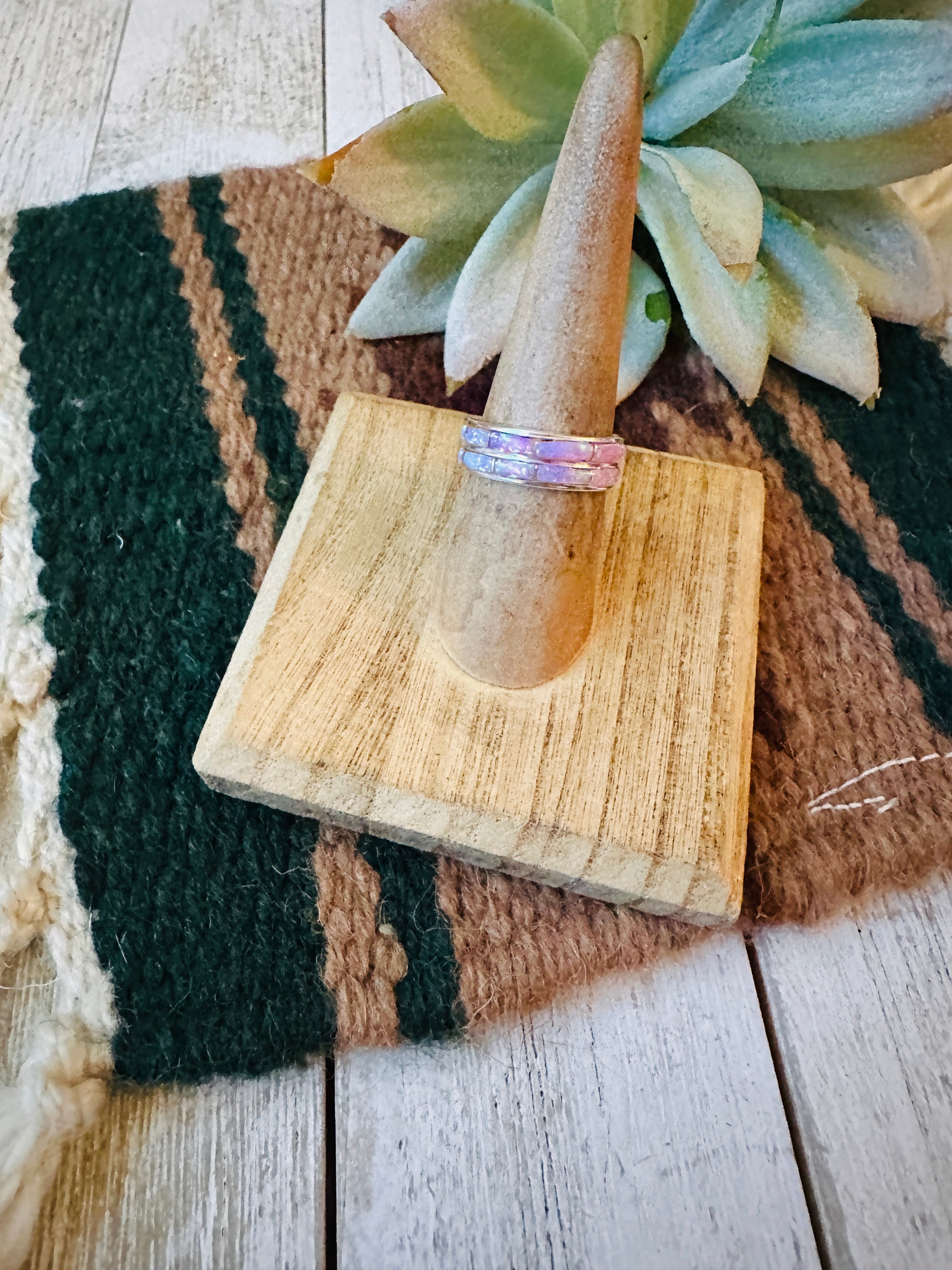 Handcrafted Light Pink Double Opal & Sterling Silver Inlay Band Ring