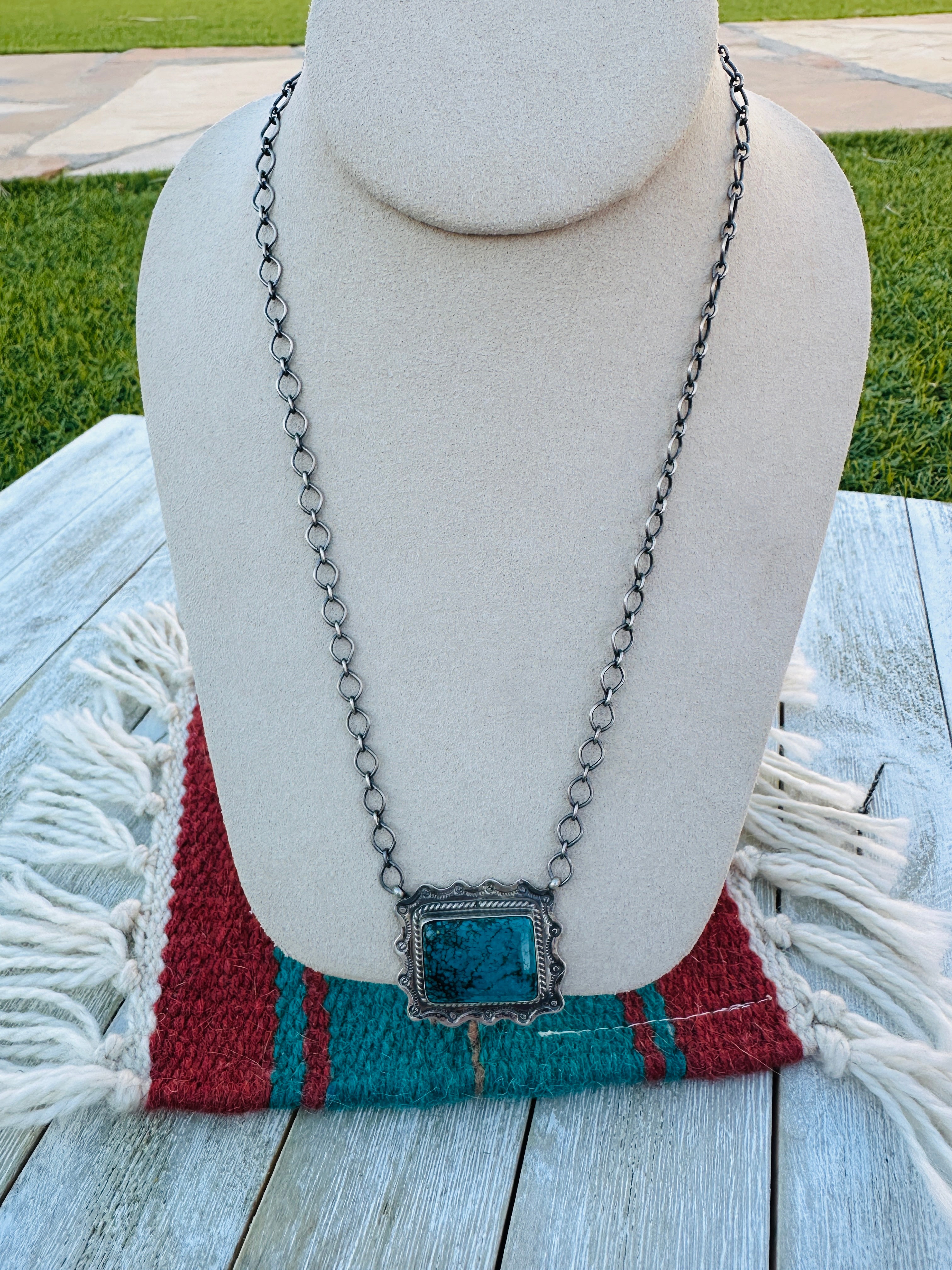 Handcrafted Sterling Silver 18” Link Chain & Turquoise Necklace