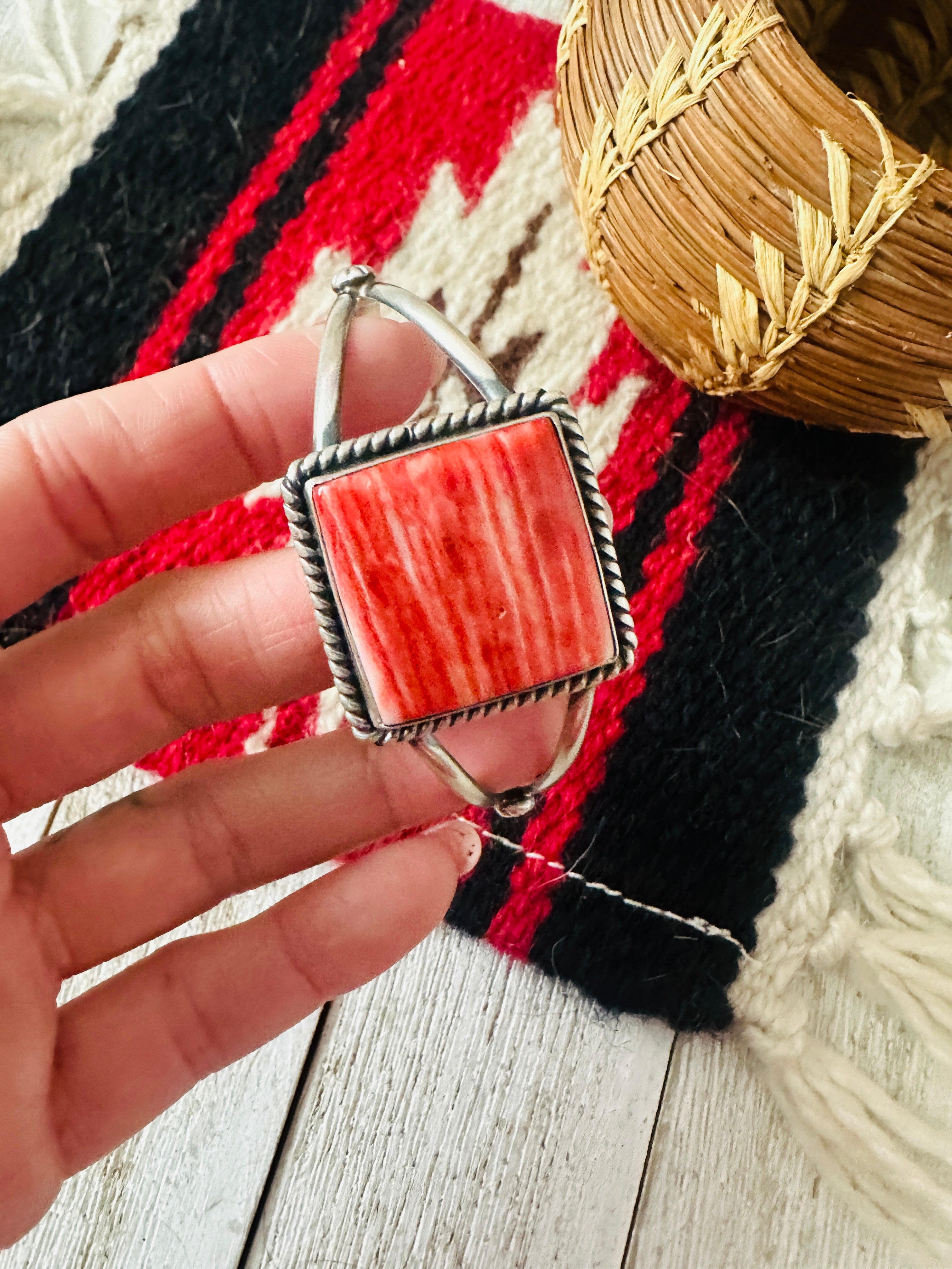 Navajo Orange Spiny & Sterling Silver Square Cuff Bracelet